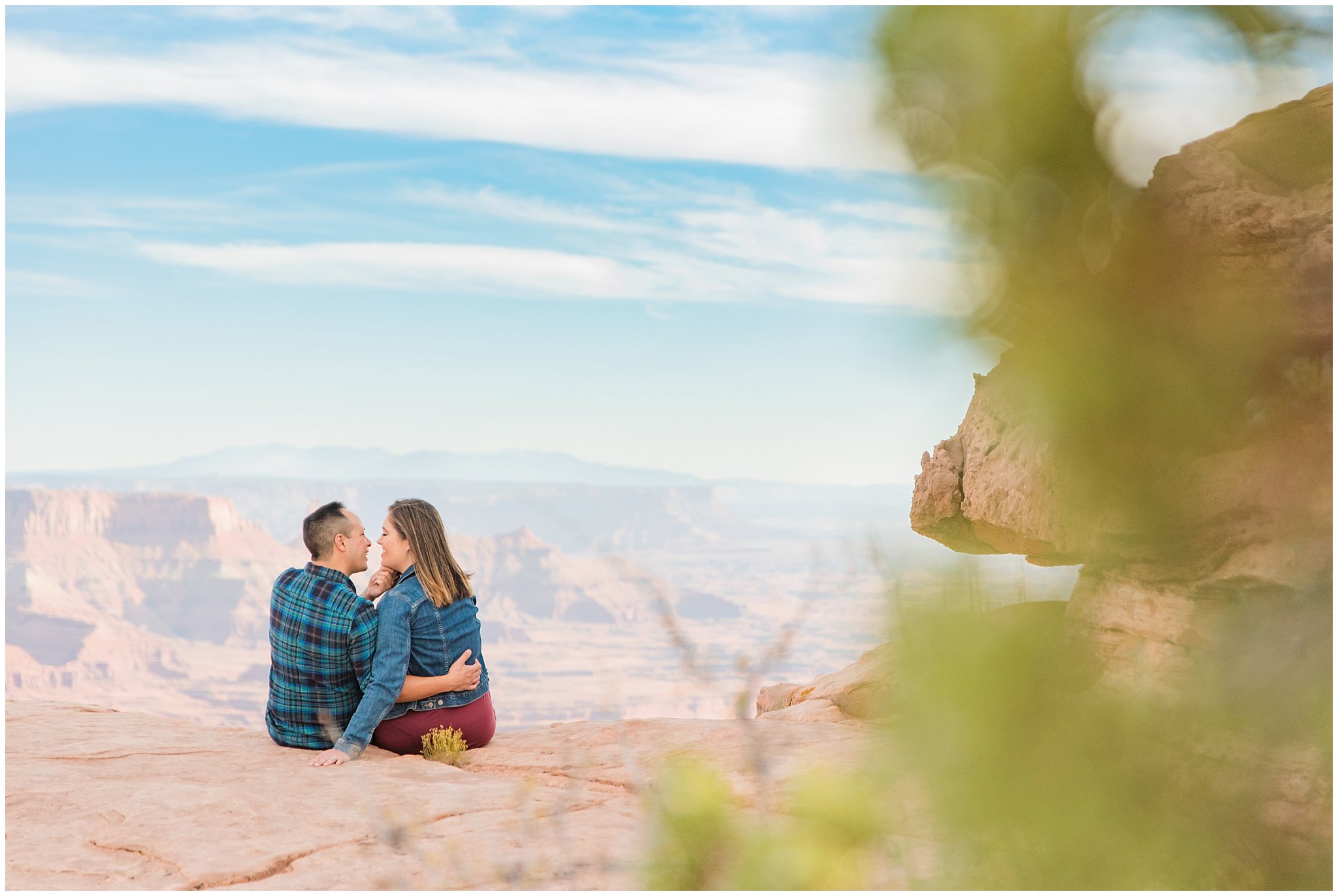 Couple in casual dress during engagement session at Dead Horse Point | Arches National Park and Dead Horse Point Engagement | Jessie and Dallin Photography