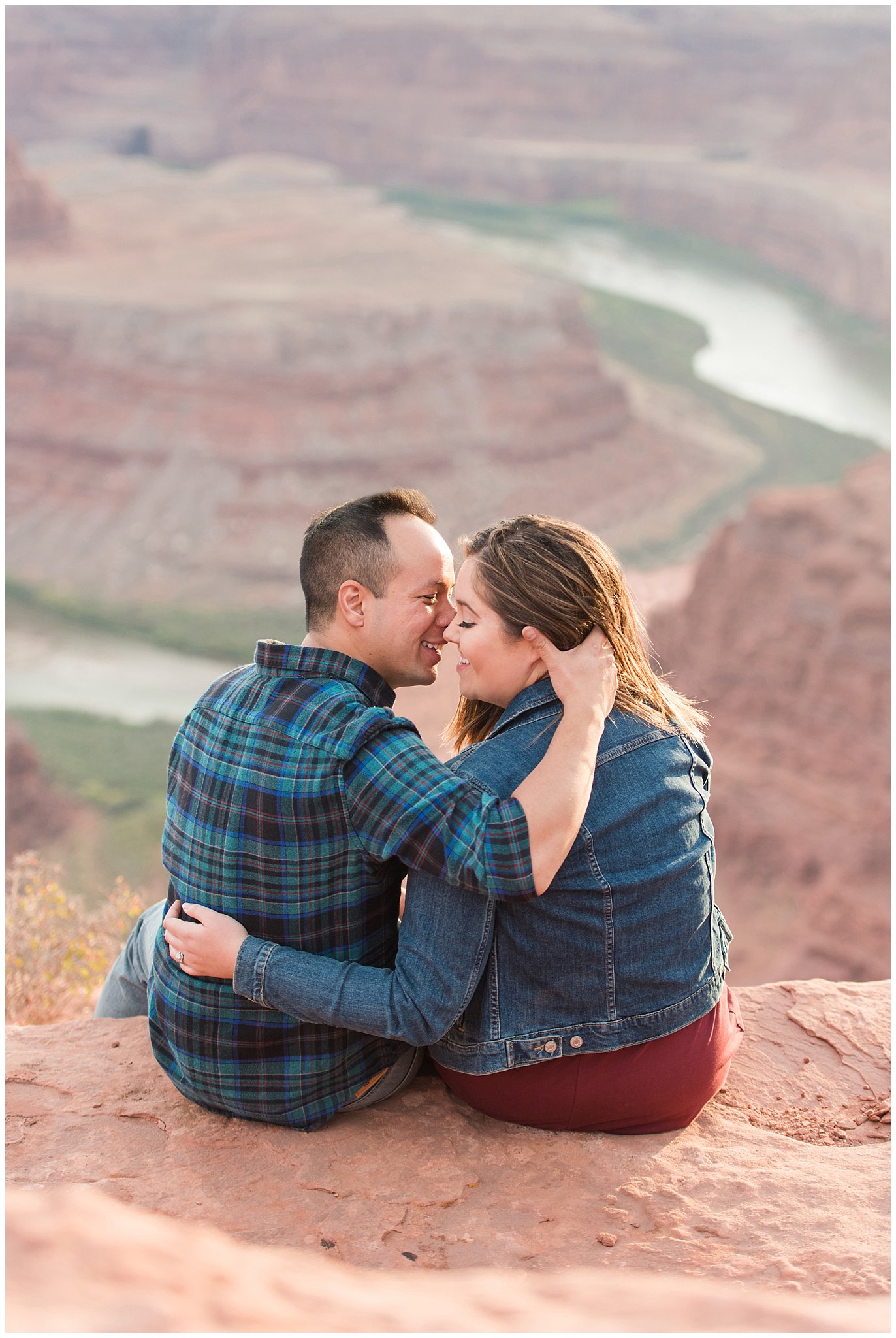 Couple in casual dress during engagement session at Dead Horse Point | Arches National Park and Dead Horse Point Engagement | Jessie and Dallin Photography