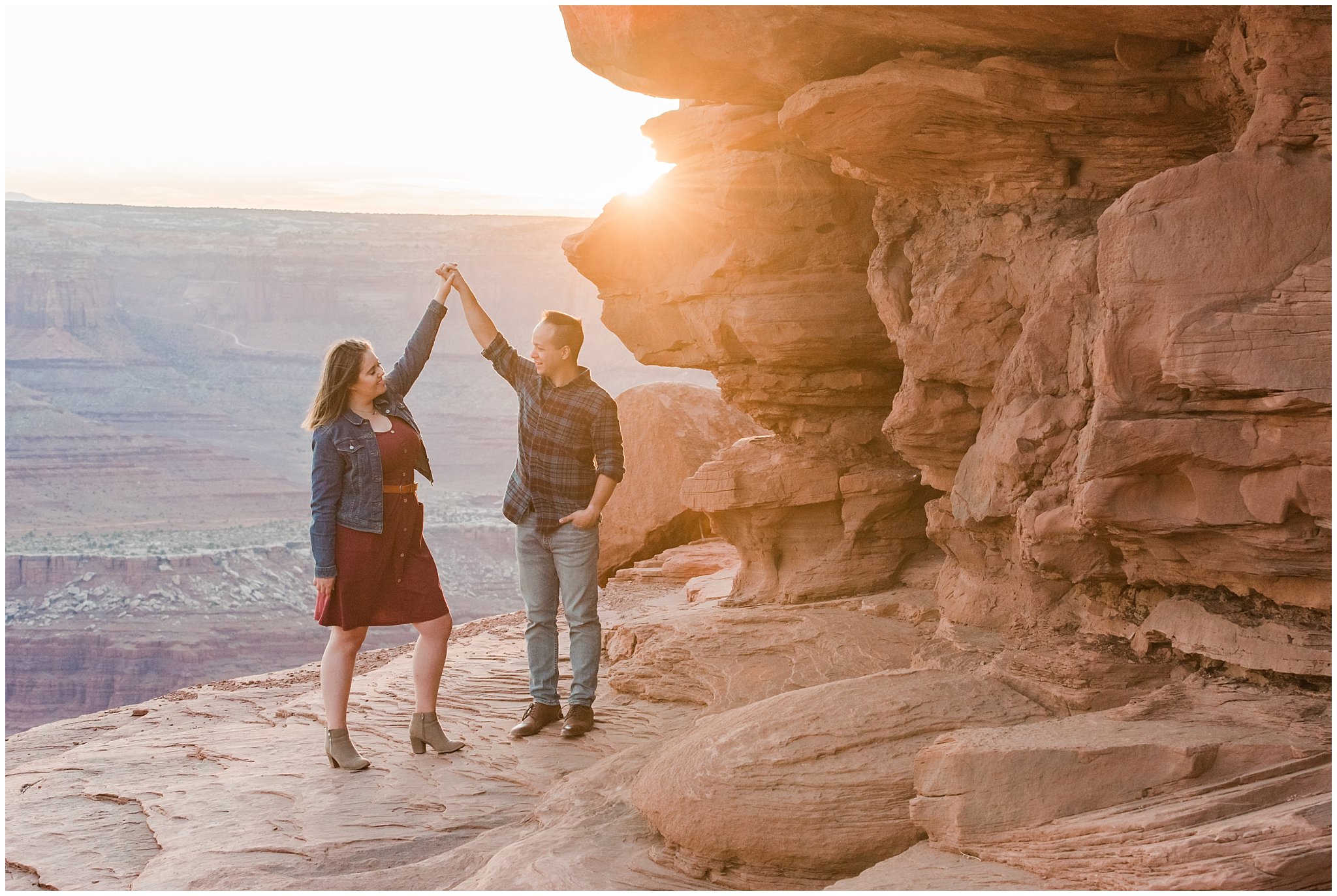 Couple in casual dress during engagement session at Dead Horse Point | Arches National Park and Dead Horse Point Engagement | Jessie and Dallin Photography