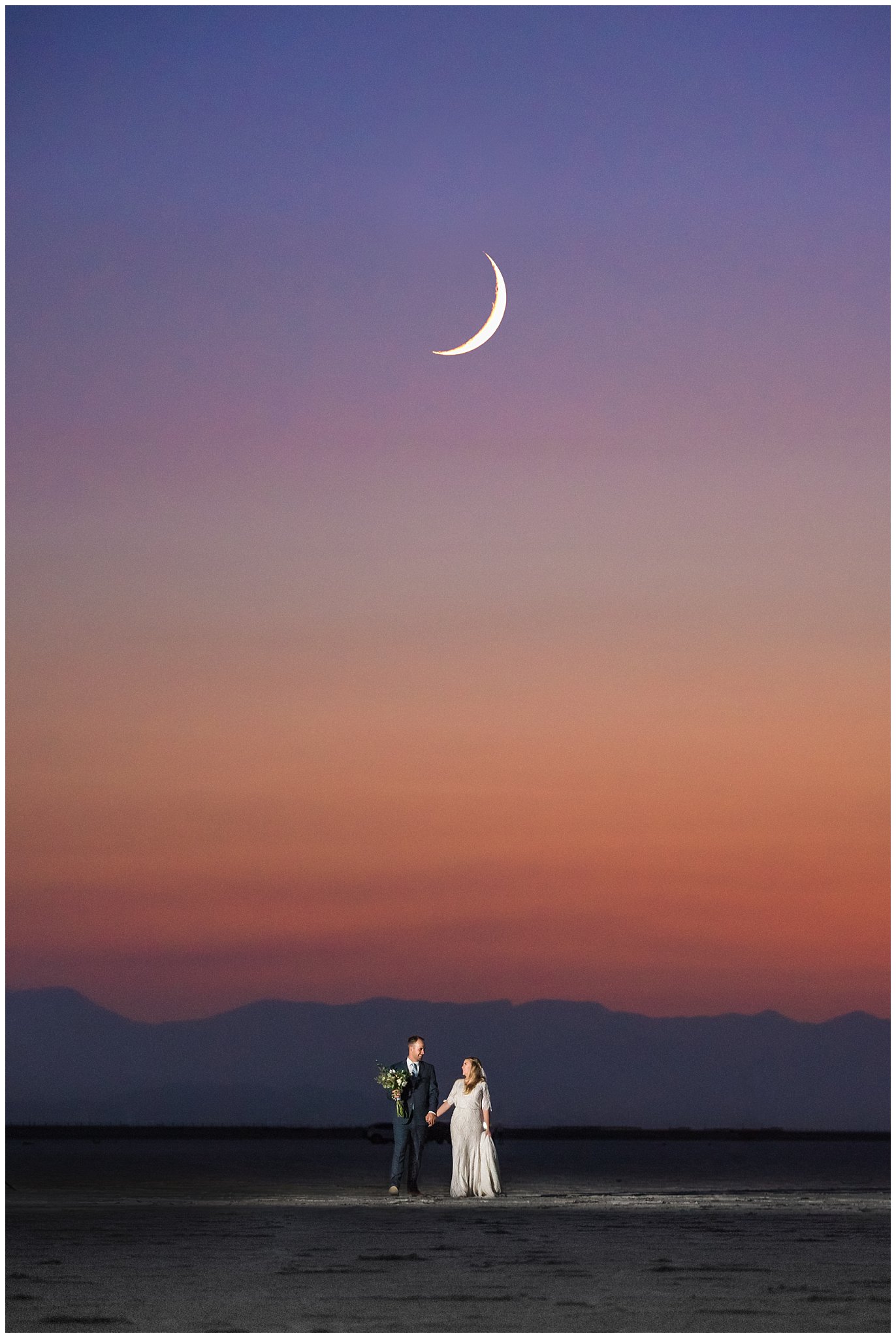 Sunset and Moon with bride and groom on the salt flats epic adventure wedding | Bonneville Salt Flats Sunset Wedding Formal Session | Jessie and Dallin Photography