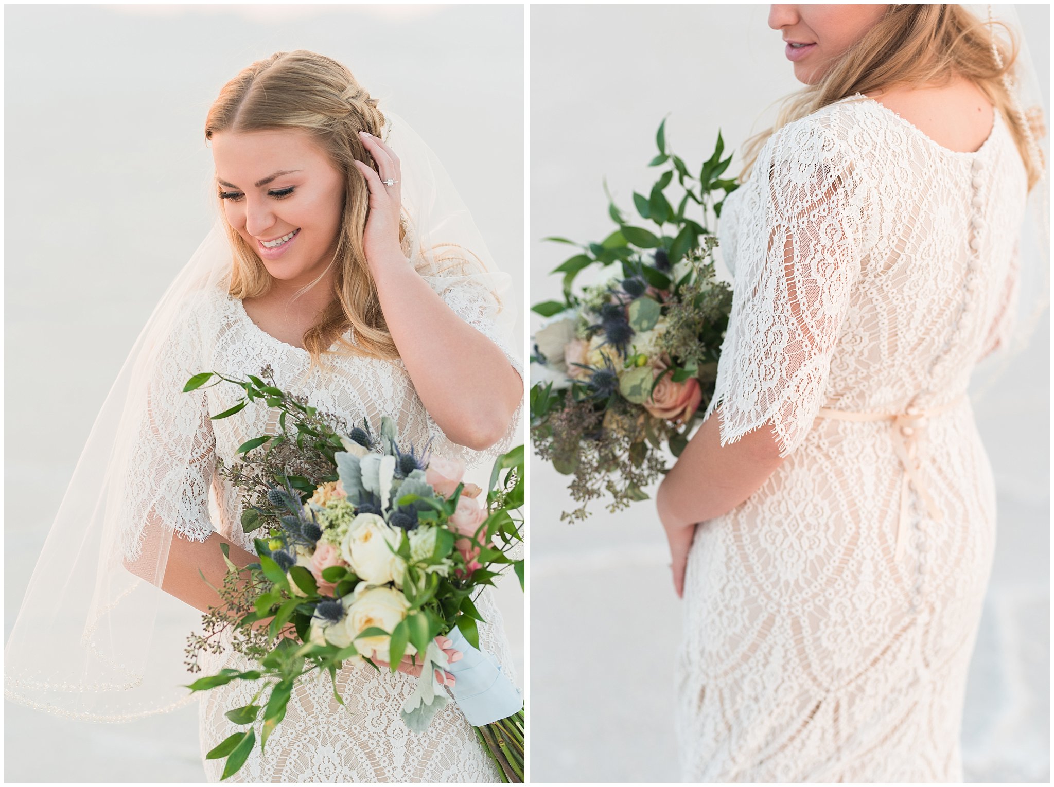 Bride in lace detail dress for Adventure Session | Bonneville Salt Flats Sunset Wedding Formal Session | Jessie and Dallin Photography