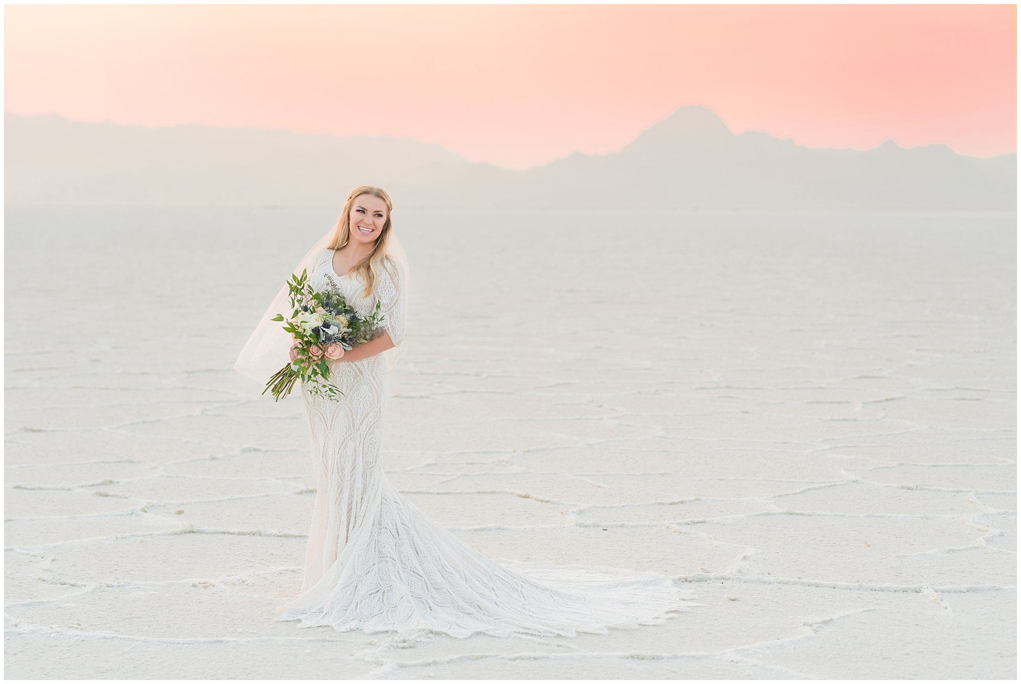 Bride in lace detail dress for Adventure Session | Bonneville Salt Flats Sunset Wedding Formal Session | Jessie and Dallin Photography
