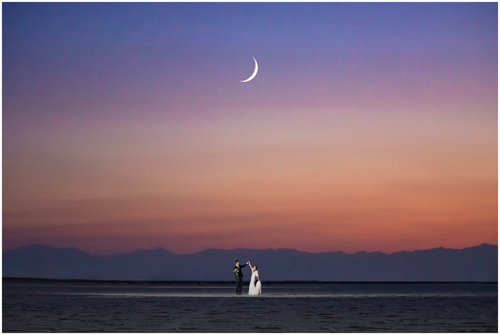 Sunset and Moon with bride and groom on the salt flats epic adventure wedding | Bonneville Salt Flats Sunset Wedding Formal Session | Jessie and Dallin Photography