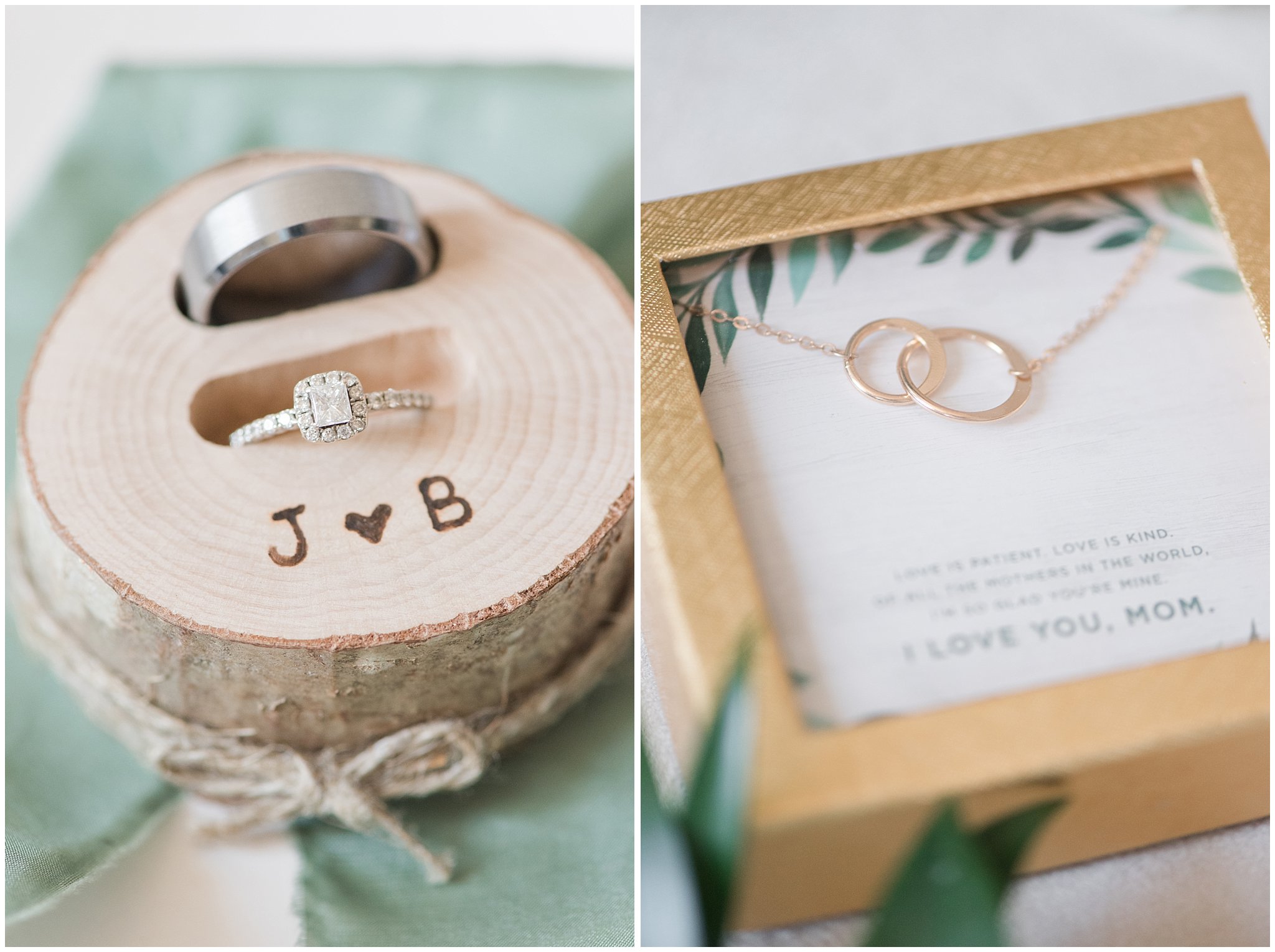 Sage green bridal details with wood log ring box | Sage Green and Gray Summer Wedding at Oak Hills | Jessie and Dallin Photography