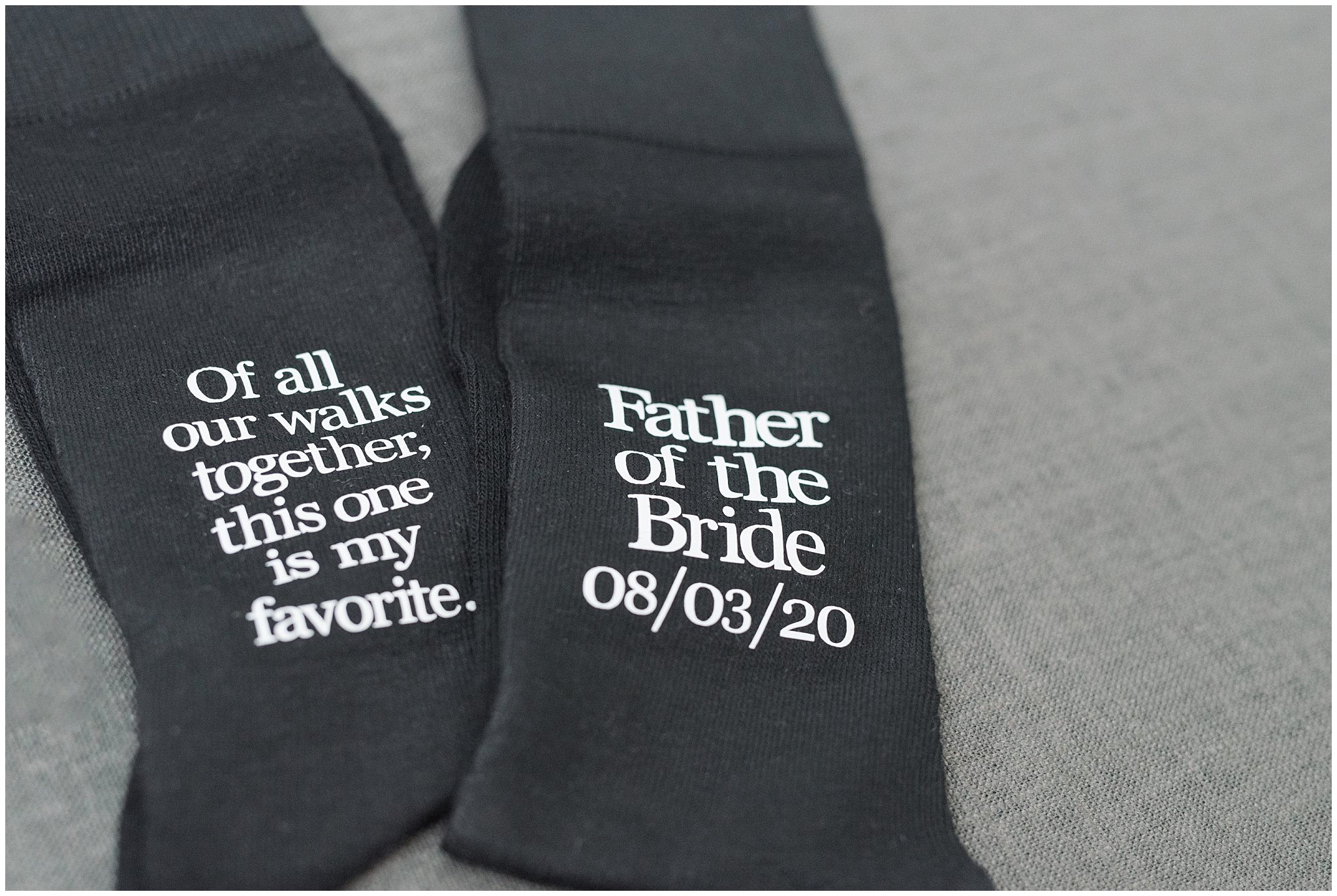 Custom socks with message gift for father of the bride | Sage Green and Gray Summer Wedding at Oak Hills | Jessie and Dallin Photography