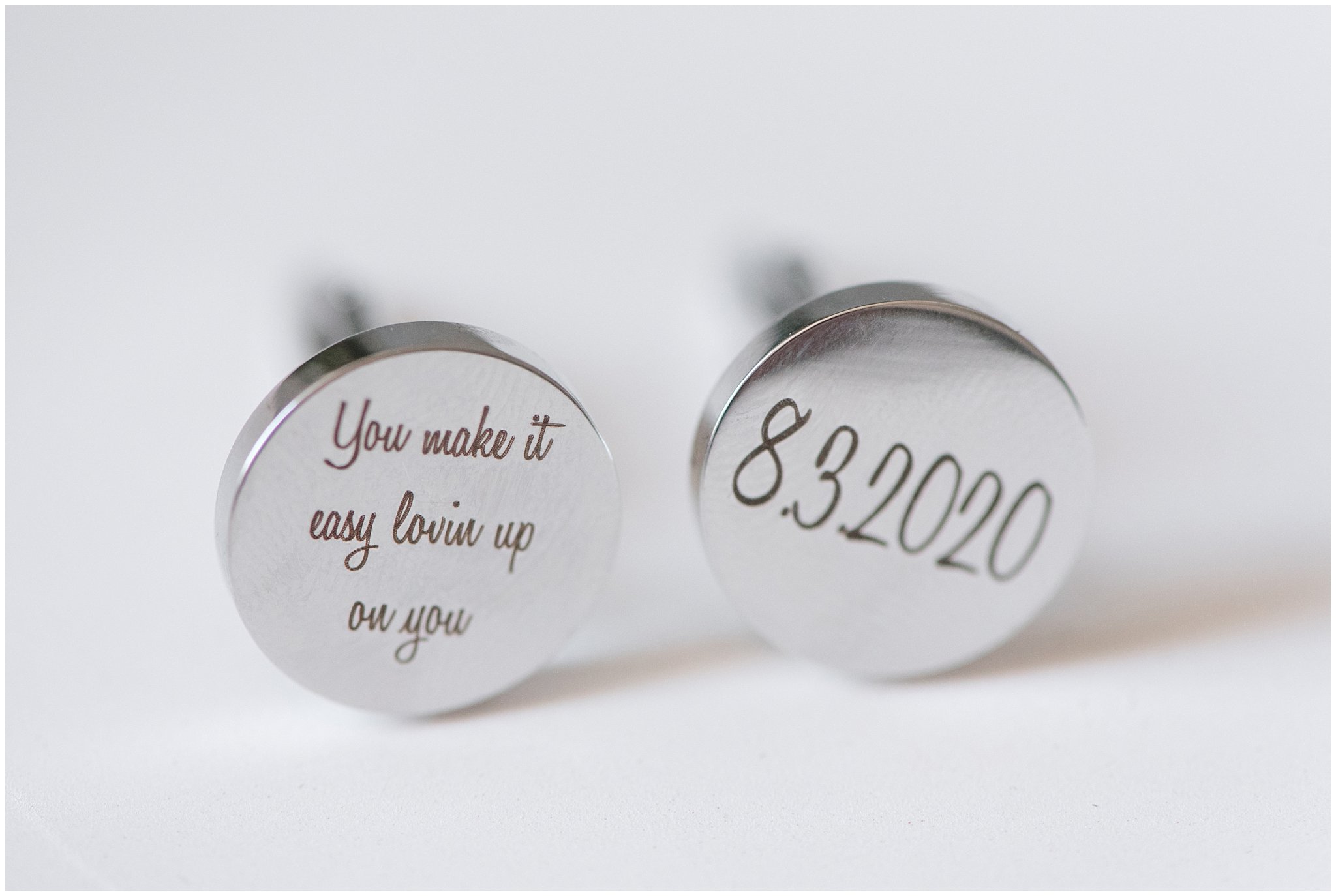 Groom gift of custom cufflinks with message | Sage Green and Gray Summer Wedding at Oak Hills | Jessie and Dallin Photography