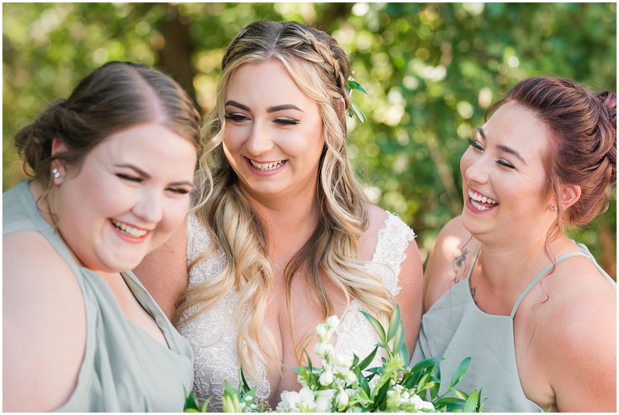 Wedding party in woods wearing gray suit and vests and sage green tie and champagne dress with sage green bridesmaid dresses | Sage Green and Gray Summer Wedding at Oak Hills | Jessie and Dallin Photography