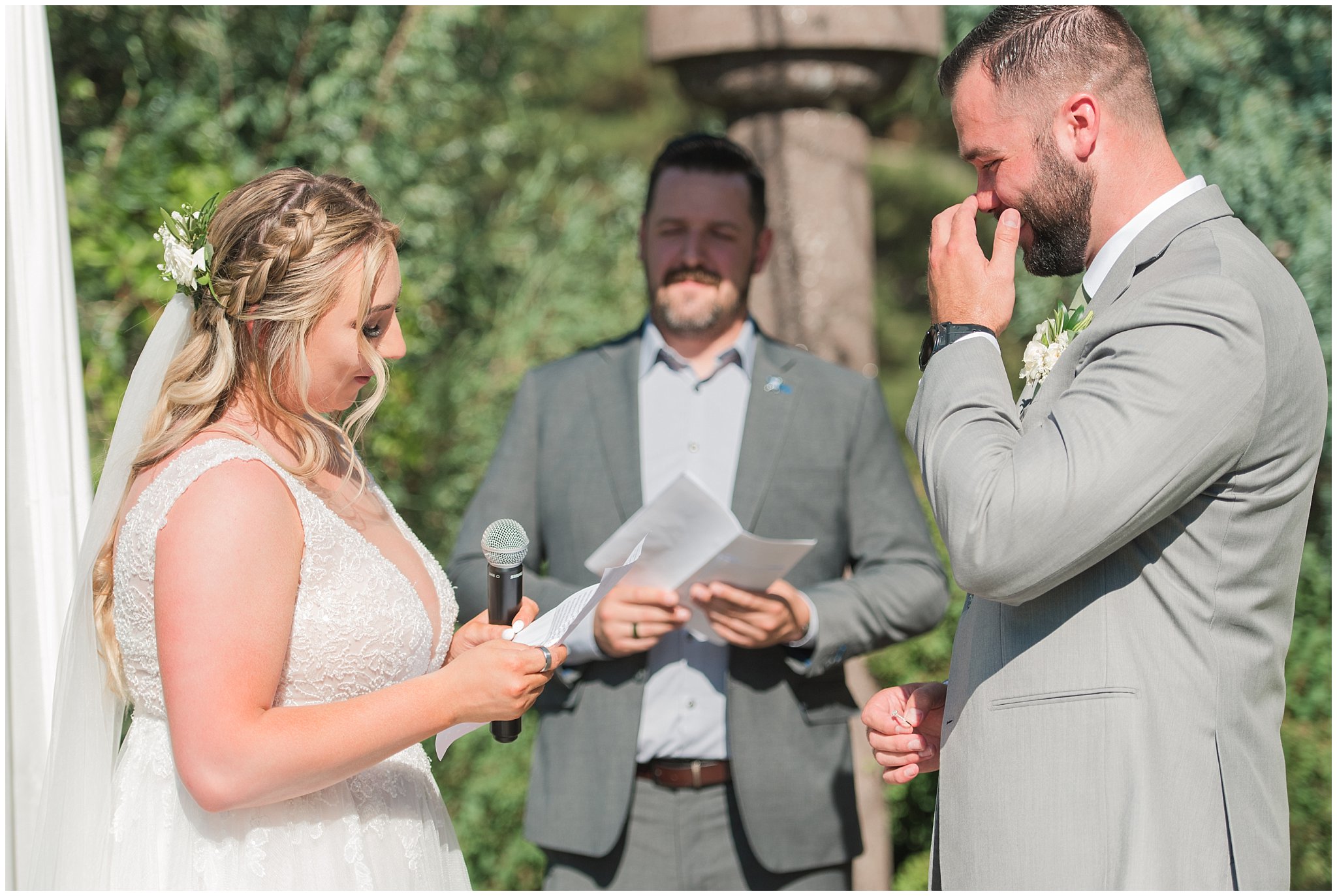 Ceremony at Oak Hills Utah with gray suits, sage green ties, and a champagne wedding dress | Sage Green and Gray Summer Wedding at Oak Hills | Jessie and Dallin Photography