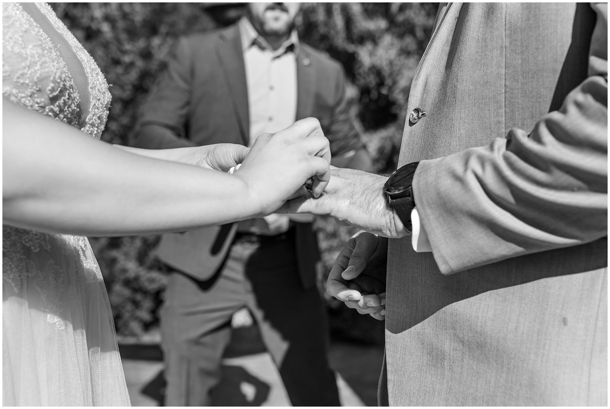 Ceremony at Oak Hills Utah with gray suits, sage green ties, and a champagne wedding dress | Sage Green and Gray Summer Wedding at Oak Hills | Jessie and Dallin Photography