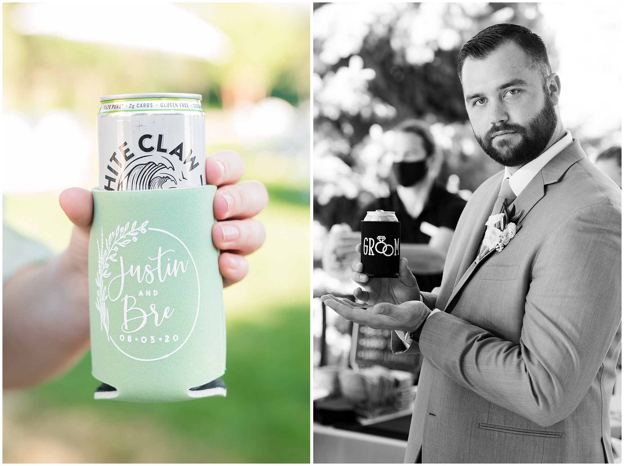 Wedding custom drink koozie | Sage Green and Gray Summer Wedding at Oak Hills | Jessie and Dallin Photography