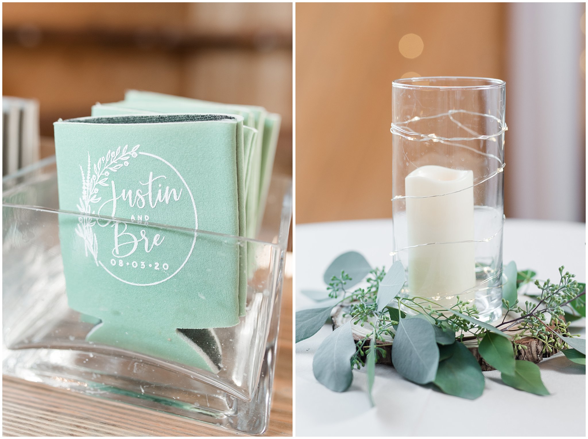 Wedding custom drink koozie | Sage Green and Gray Summer Wedding at Oak Hills | Jessie and Dallin Photography