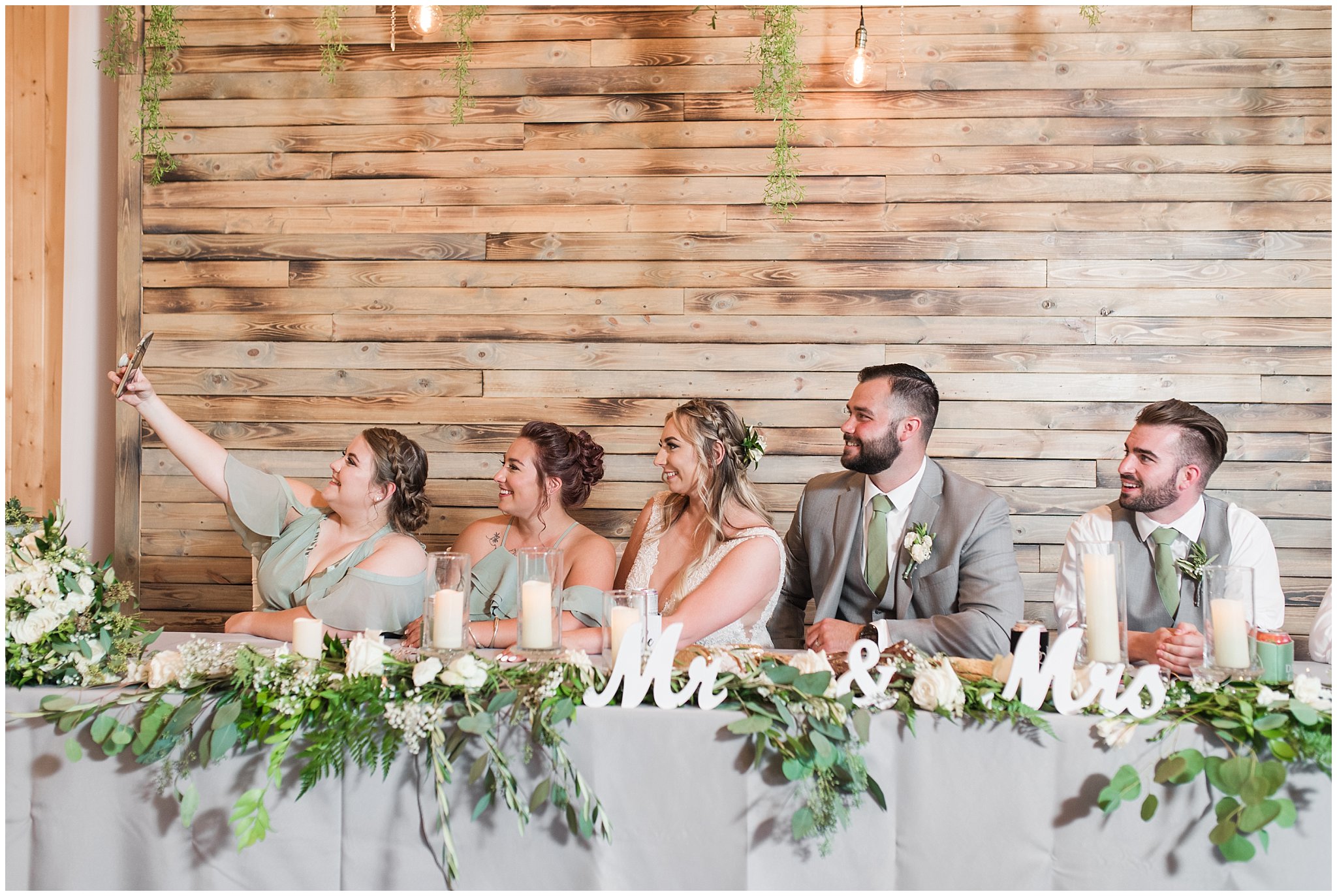 Dinner during Oak Hills wedding with toasts and reactions | Sage Green and Gray Summer Wedding at Oak Hills | Jessie and Dallin Photography