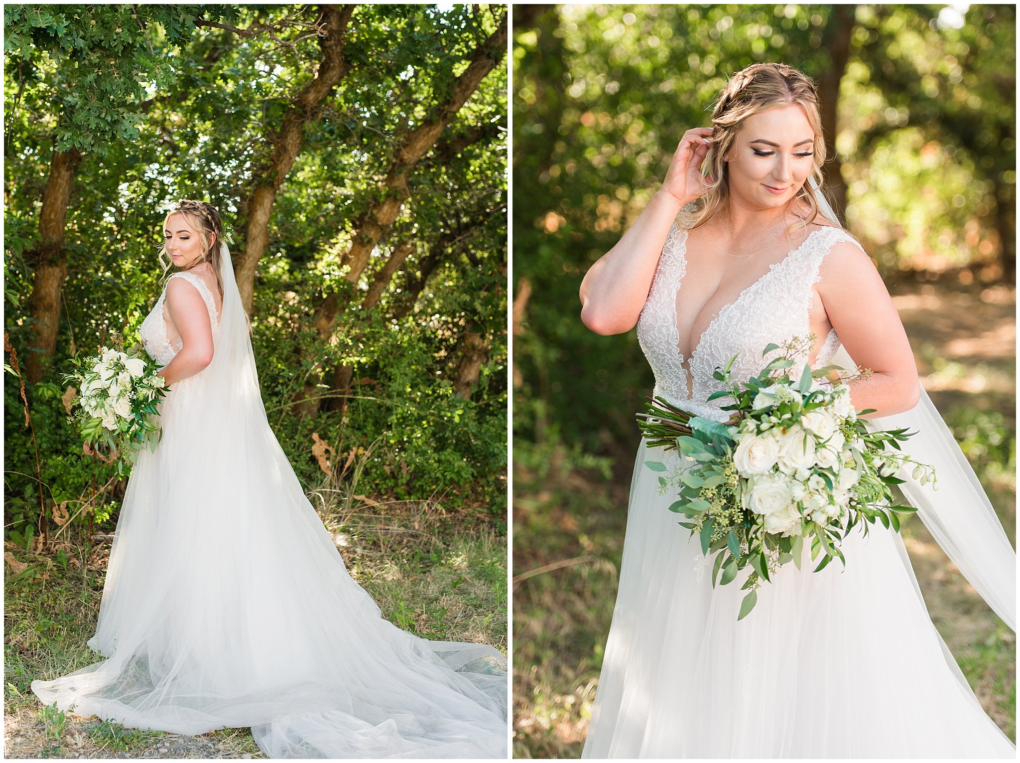 Bride and groom portraits with gray suit and champagne dress and veil and white floral bouquet in pine trees | Sage Green and Gray Summer Wedding at Oak Hills | Jessie and Dallin Photography