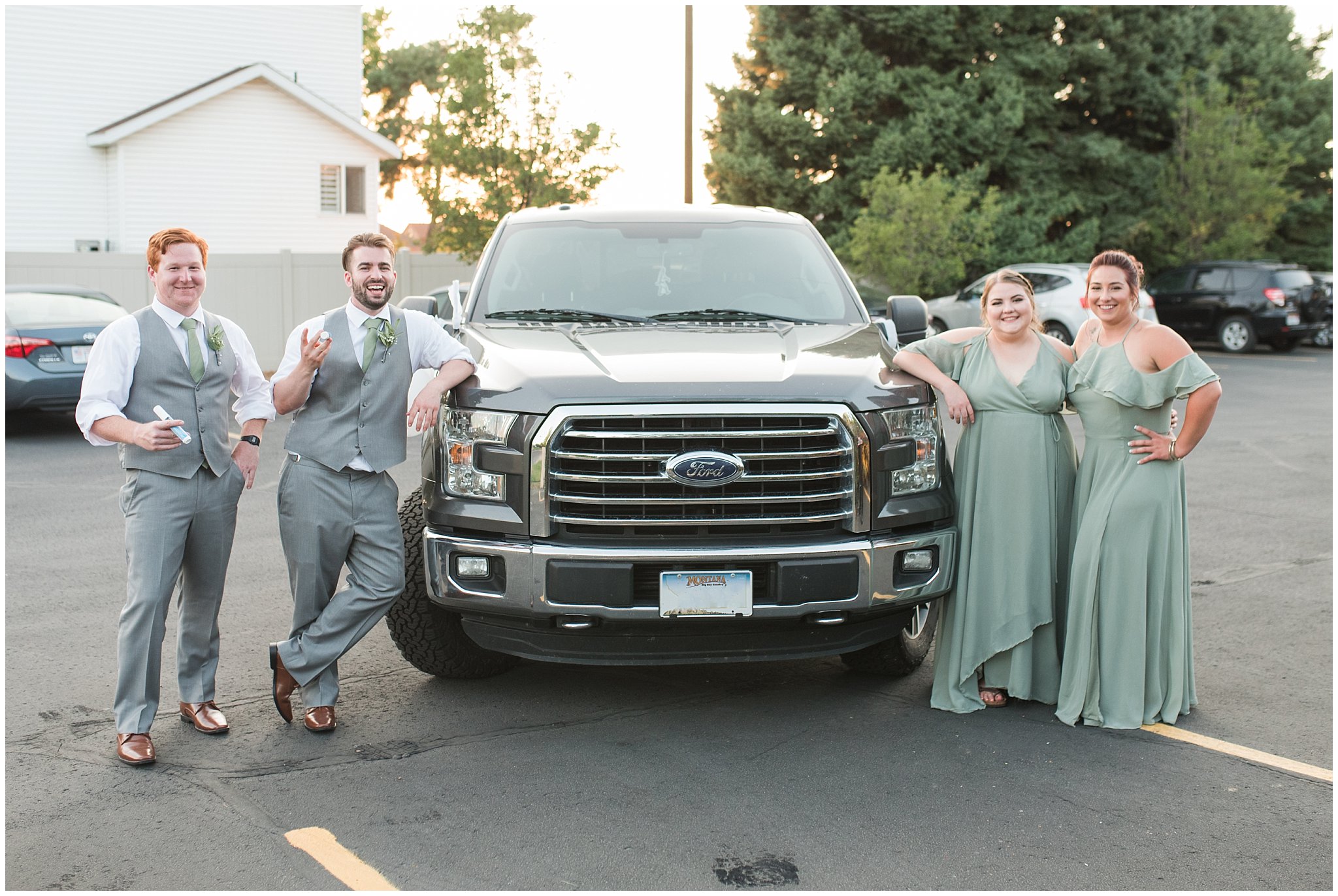 Wedding party trashing the car with cans and car chalk | Sage Green and Gray Summer Wedding at Oak Hills | Jessie and Dallin Photography