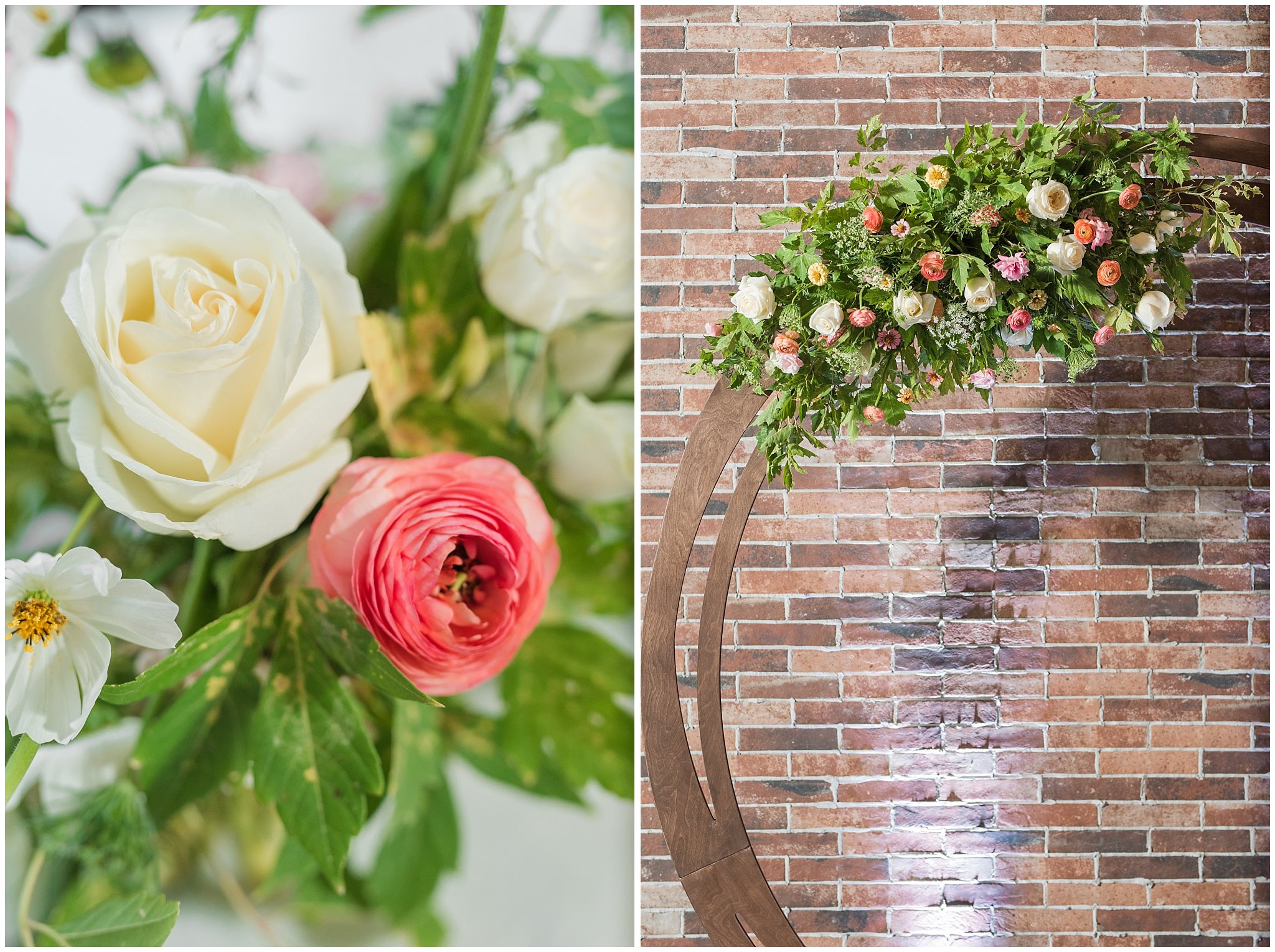 Wooden round floral ceremony arch on industrial brick wall | The Foundry | Utah Wedding Venue | Shout-out Saturday | Jessie and Dallin Photography