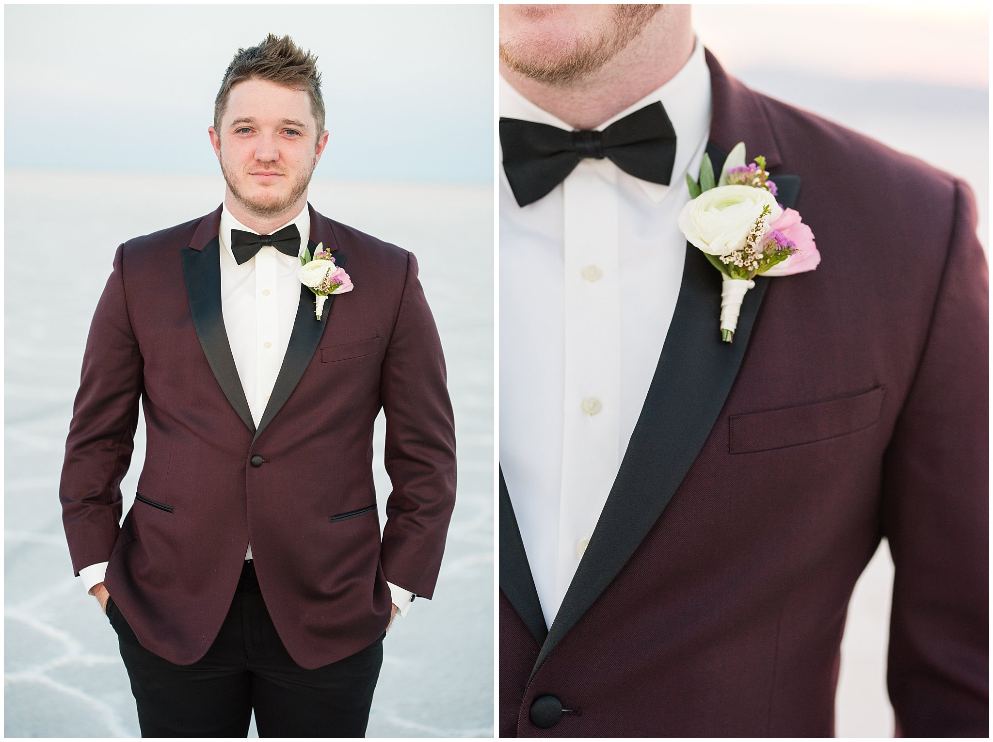 Couple in dusty rose dress and burgundy suit with white and pink bouquet at the Bonneville Salt Flats Milky Way Anniversary Session | Jessie and Dallin Photography