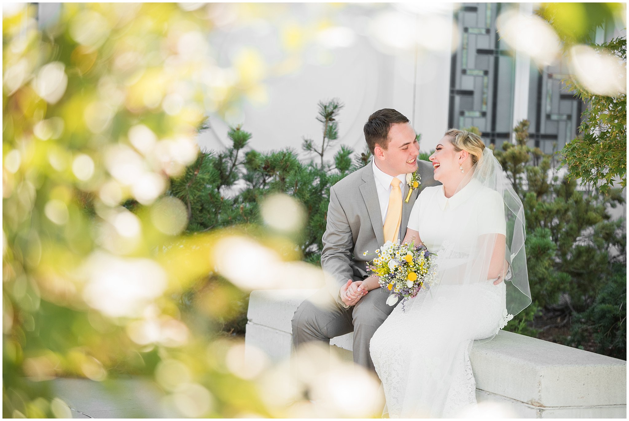 Bride and groom vintage wedding portraits at the Bountiful Temple in the summer with wildflower bouquet | Fountain View Event Venue and Bountiful Temple Wedding | Jessie and Dallin Photography