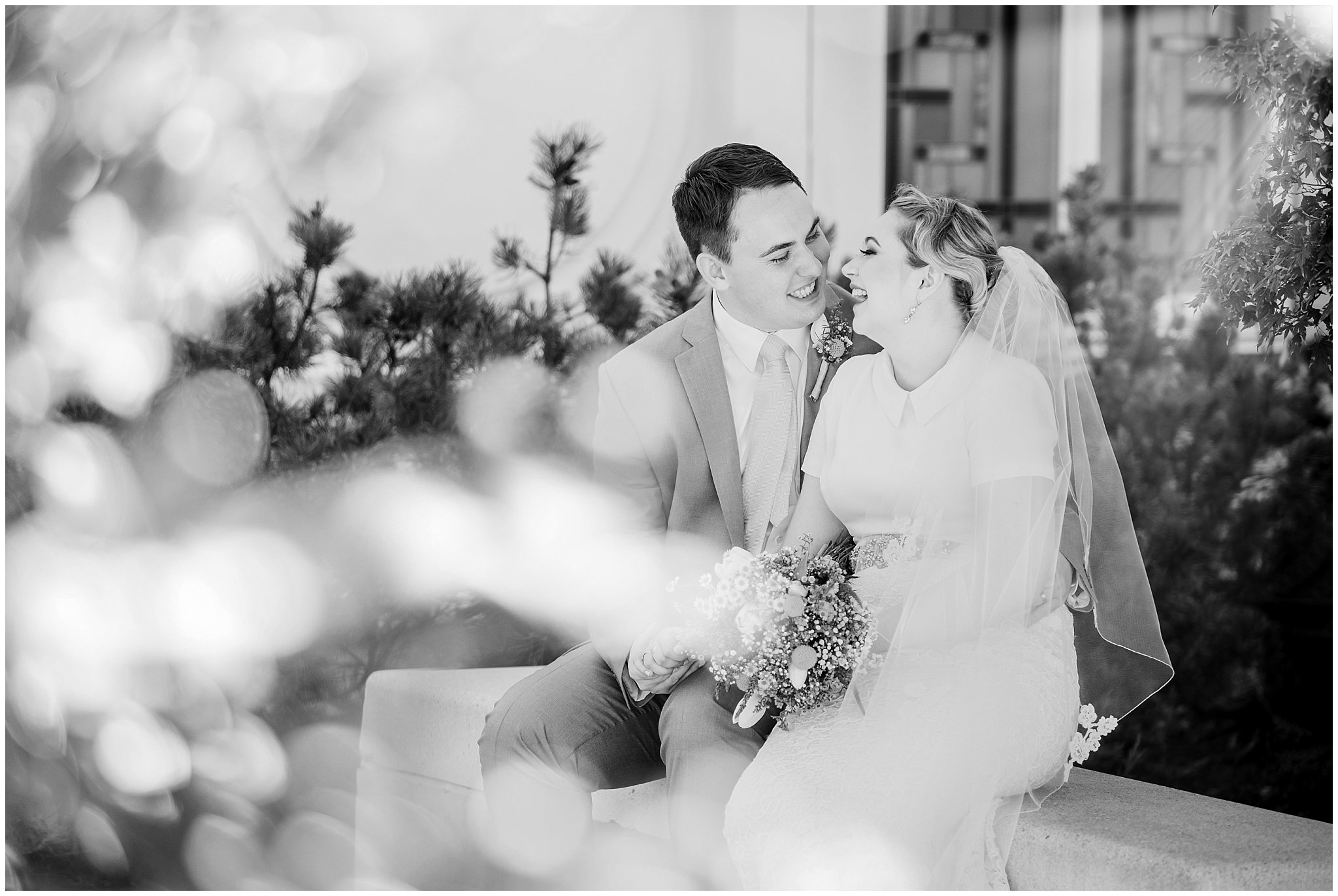 Bride and groom vintage wedding portraits at the Bountiful Temple in the summer with wildflower bouquet | Fountain View Event Venue and Bountiful Temple Wedding | Jessie and Dallin Photography