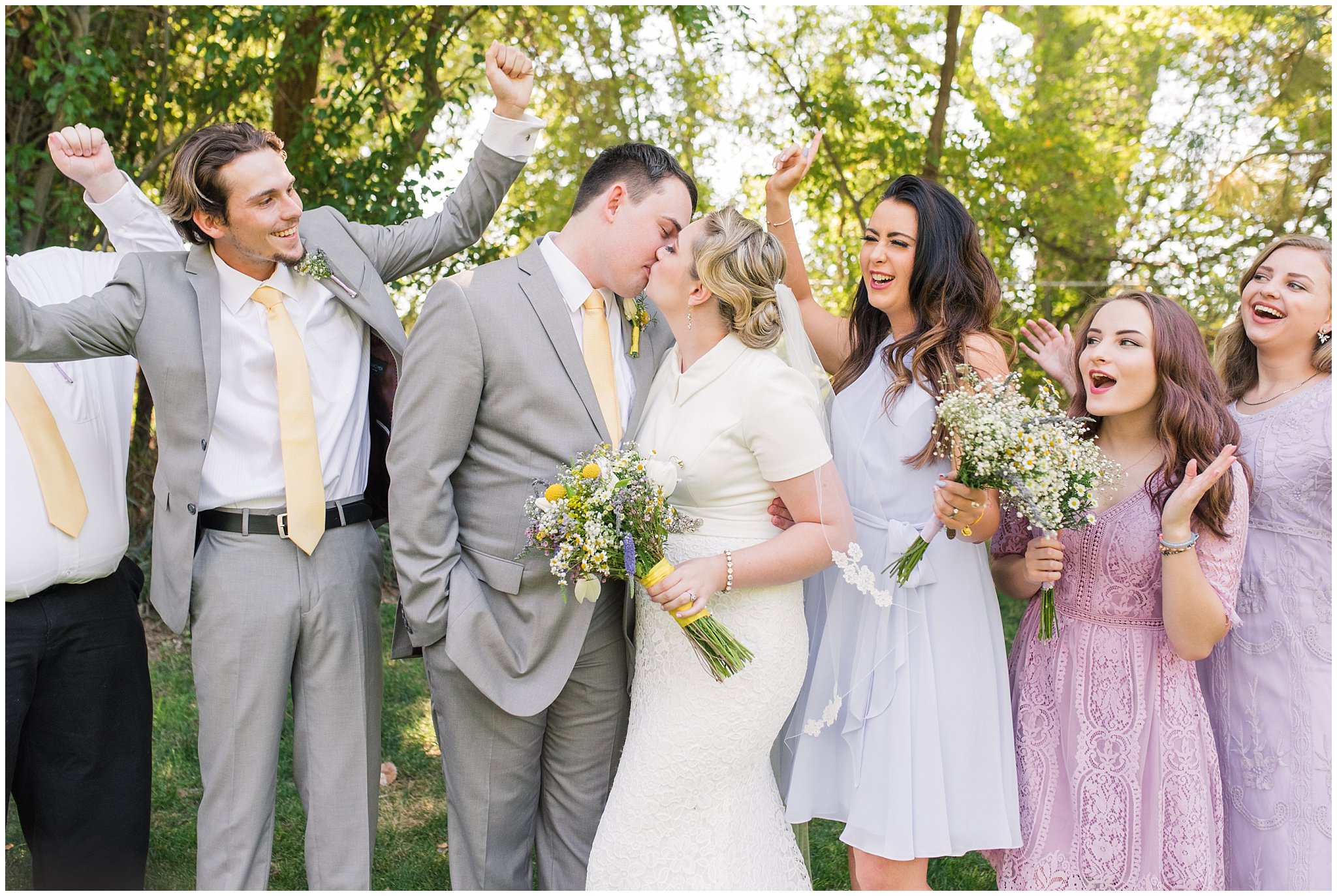 Wedding party in lavender dresses and yellow ties with wildflowers | Fountain View Event Venue and Bountiful Temple Wedding | Jessie and Dallin Photography