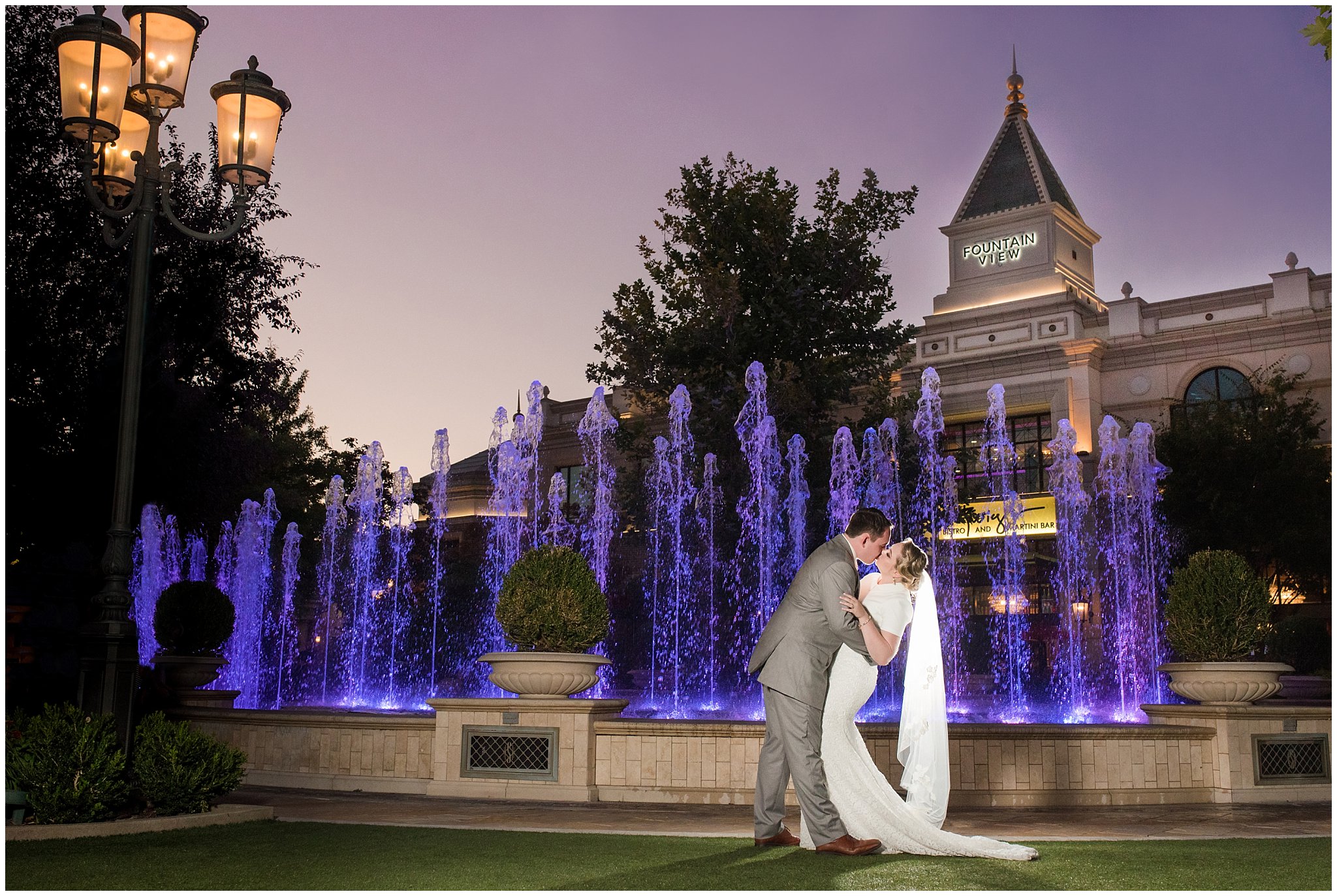 Outdoor fountain bride and groom portraits at night with fountains at Fountain View Event Venue at Station Park | Fountain View Event Venue and Bountiful Temple Wedding | Jessie and Dallin Photography