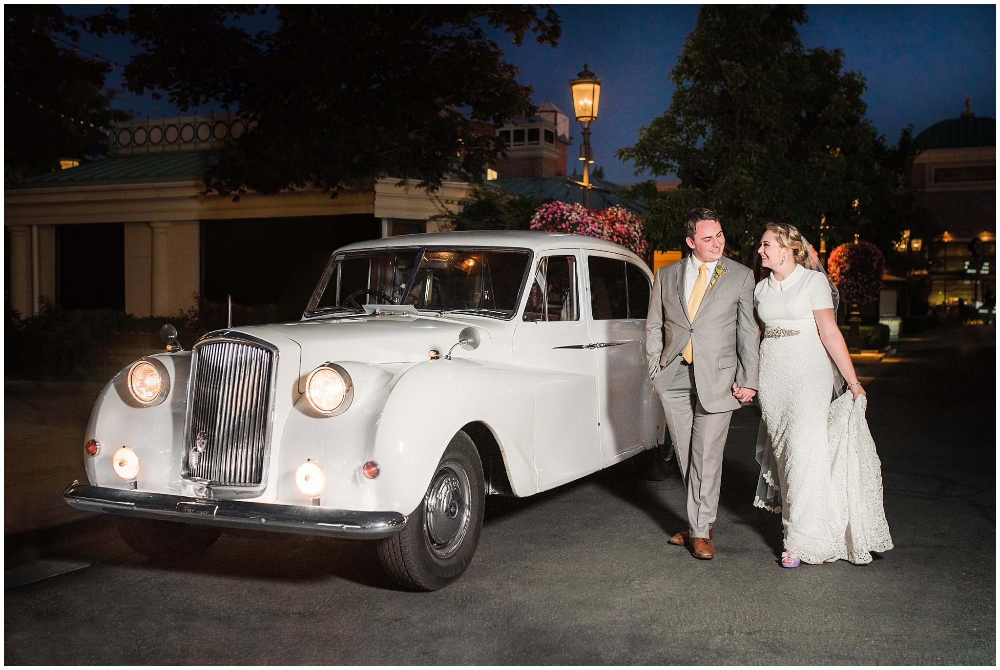 Classic Car bride and groom portraits at night at Fountain View Event Venue at Station Park | Fountain View Event Venue and Bountiful Temple Wedding | Jessie and Dallin Photography