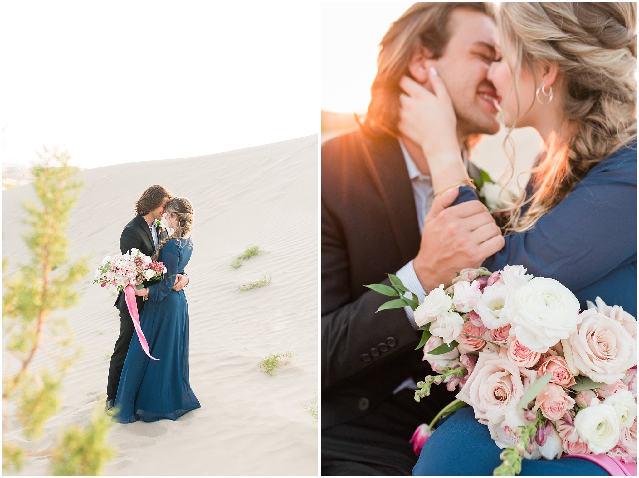 Couple dressed in black suit and blue flowy dress with white and pink orchid floral bouquet during couples session | Little Sahara Sand Dunes Milky Way Engagement Session