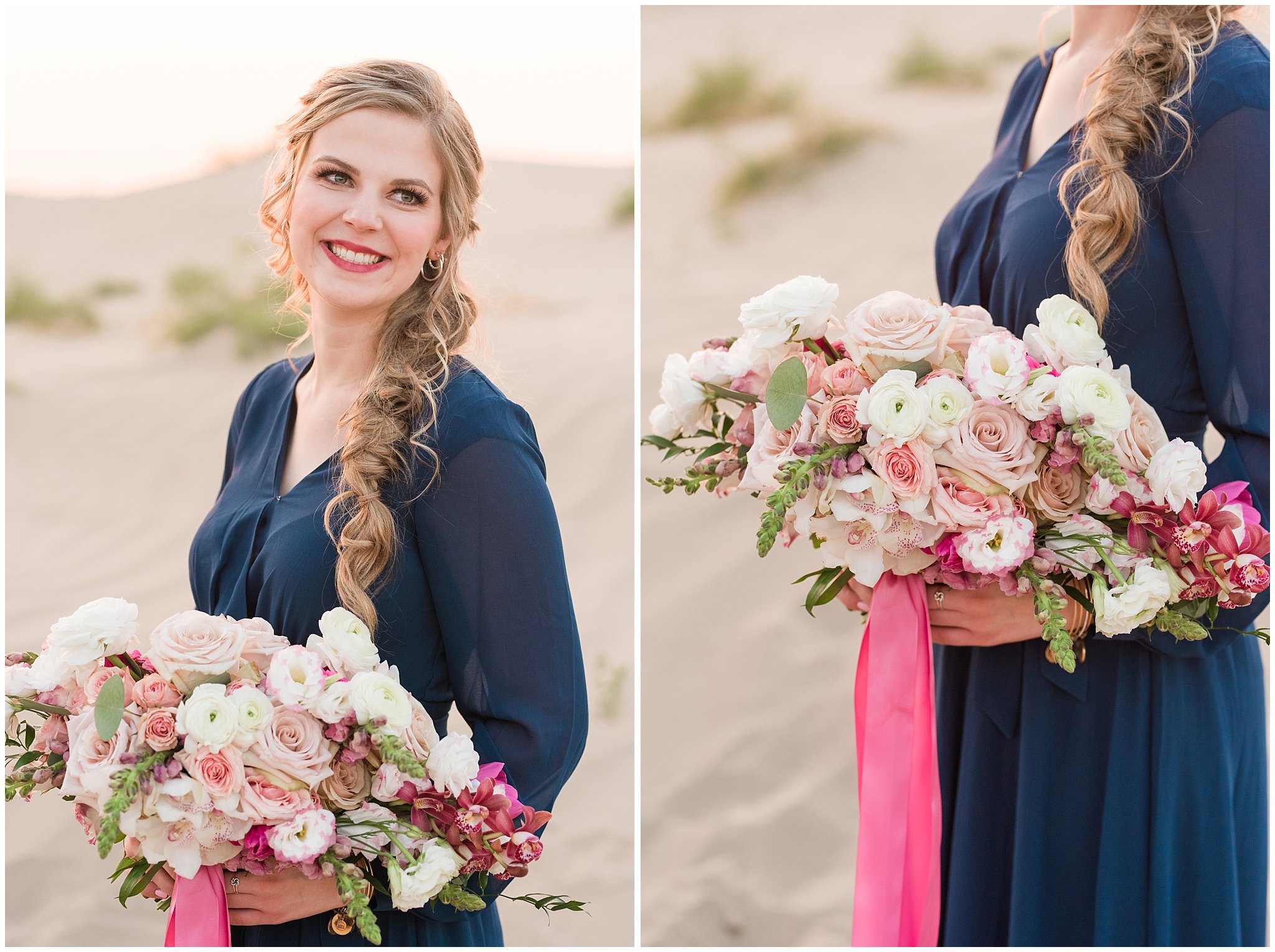 Couple dressed in black suit and blue flowy dress with white and pink orchid floral bouquet during couples session | Little Sahara Sand Dunes Milky Way Engagement Session