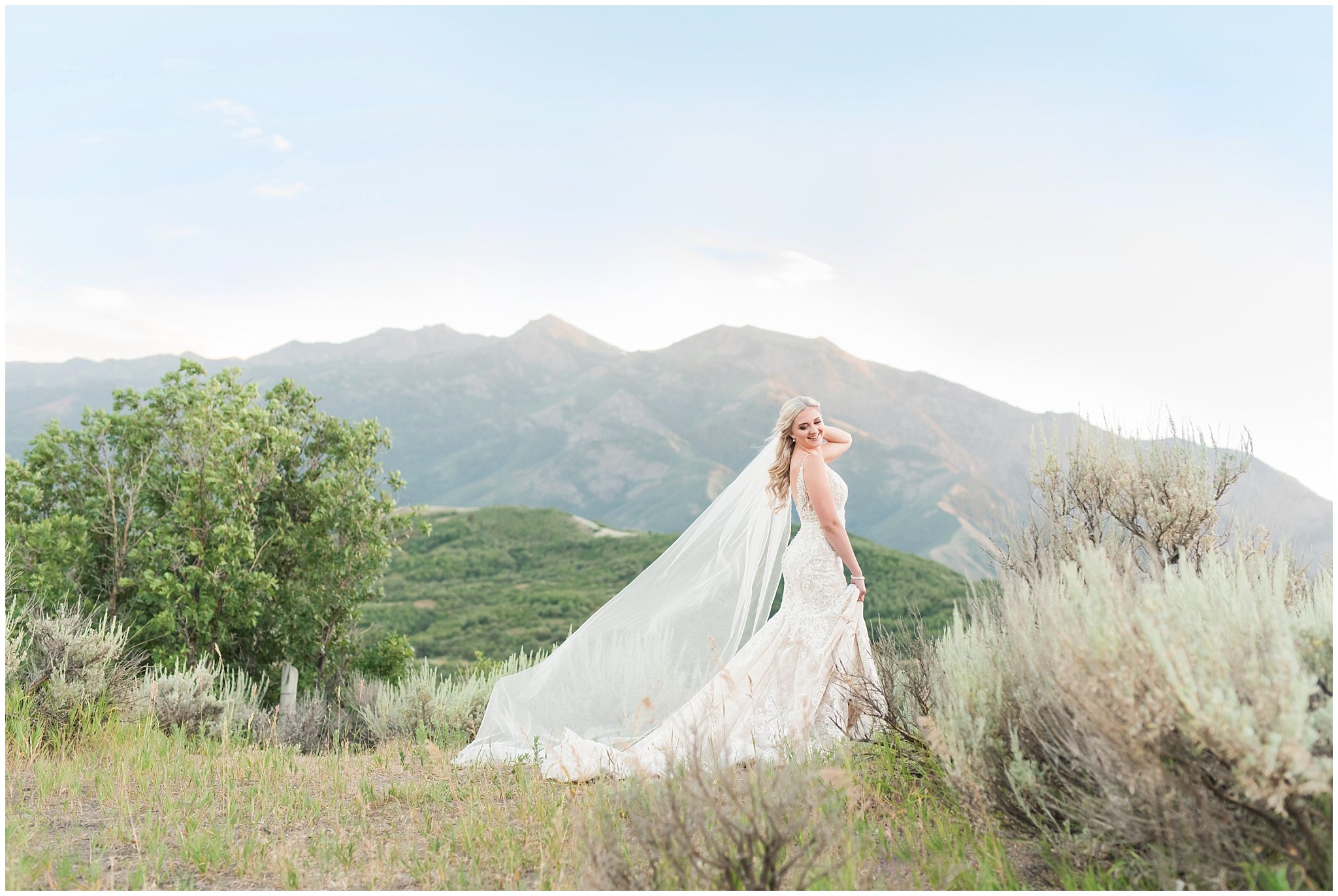 Bride with lace detail dress and long flowing veil | Snowbasin Summer Bridal Session | Jessie and Dallin Photography