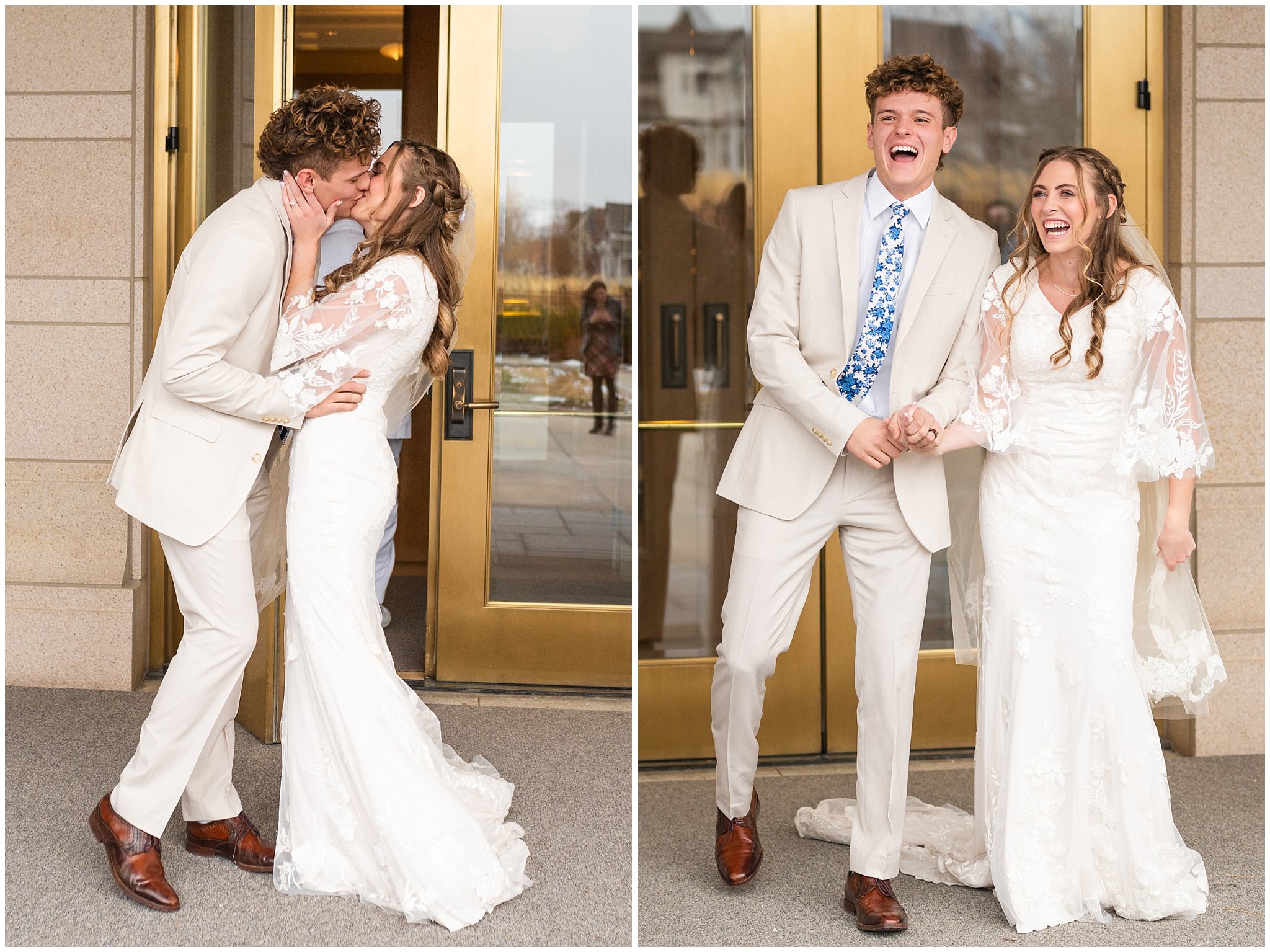 Bride and groom celebrate while exiting the temple | Oquirrh Mountain Temple and Draper Day Barn Winter Wedding | Jessie and Dallin Photography