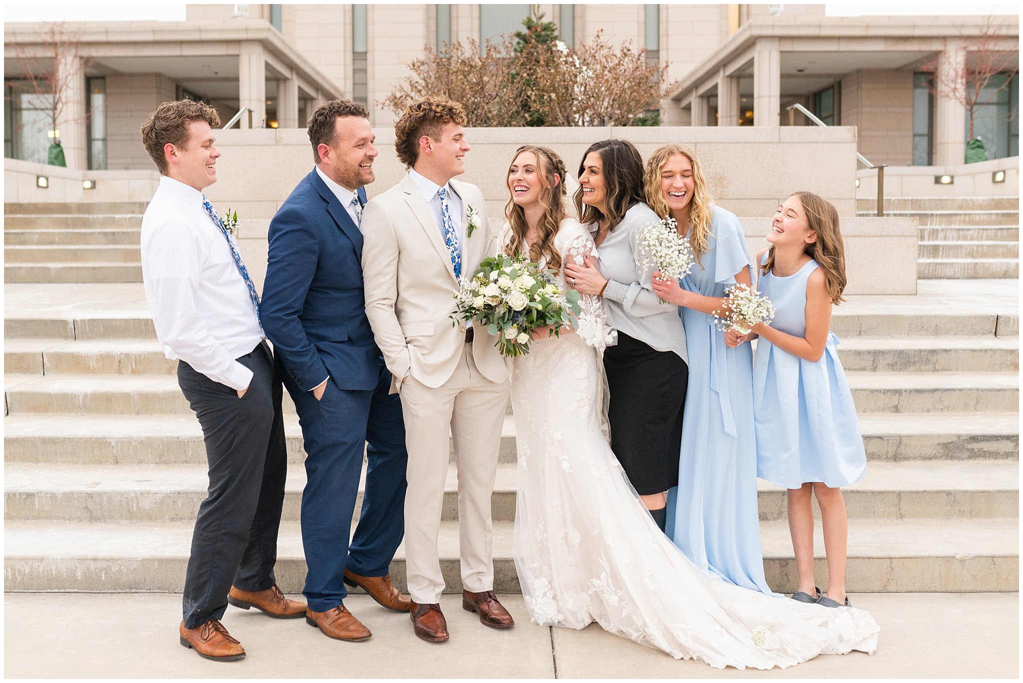 Family formal photos at the temple | Oquirrh Mountain Temple and Draper Day Barn Winter Wedding | Jessie and Dallin Photography