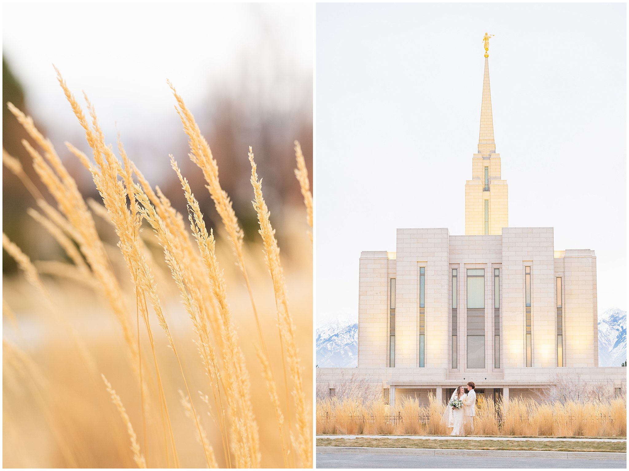 Bride and groom portraits at the temple. Groom in cream colored suit with blue floral tie and bride with lace dress and white floral bouquet. | Oquirrh Mountain Temple and Draper Day Barn Winter Wedding | Jessie and Dallin Photography