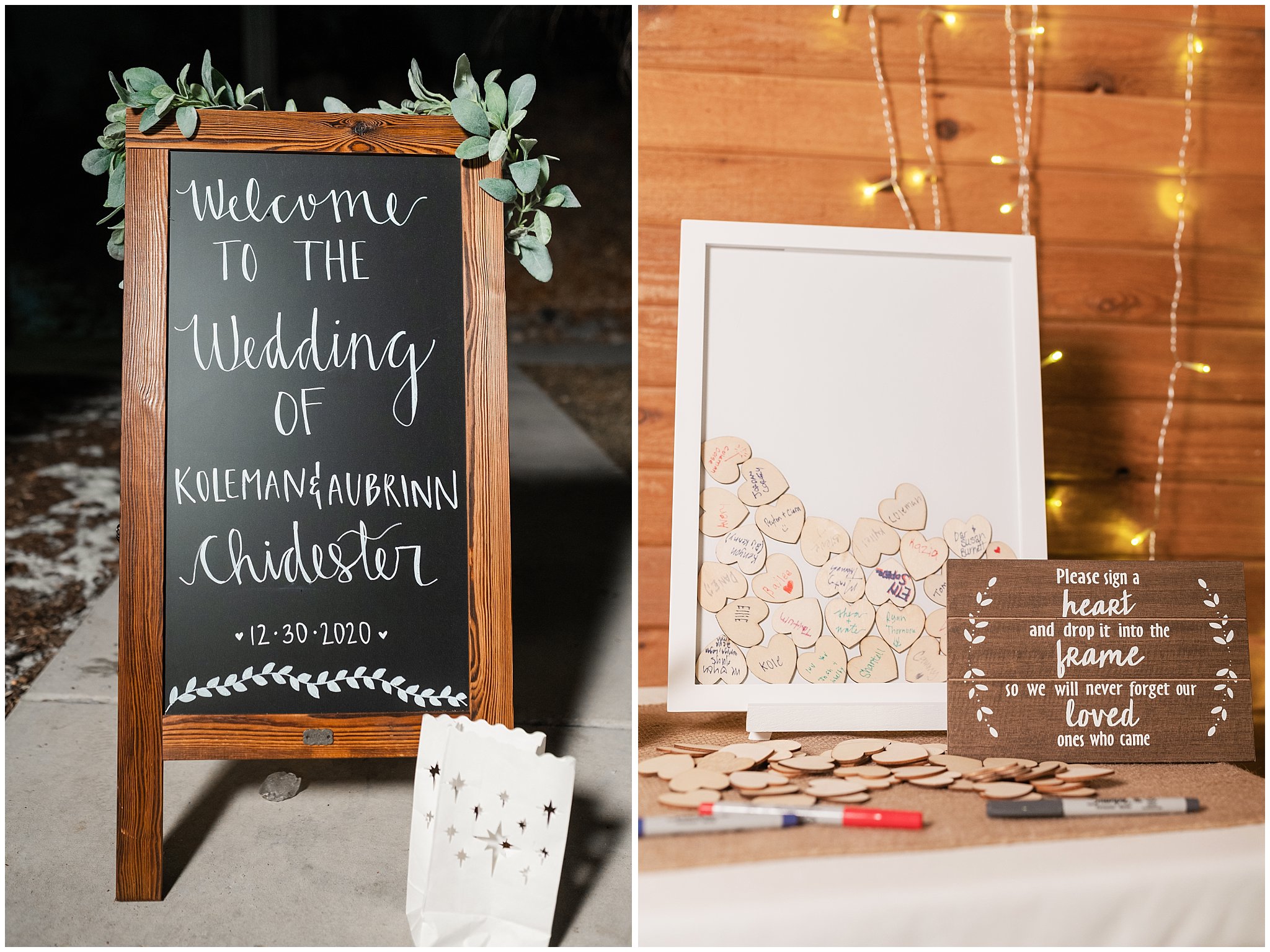 Reception details with chalkboard sign and wooden heart guest sign in station | Oquirrh Mountain Temple and Draper Day Barn Winter Wedding | Jessie and Dallin Photography