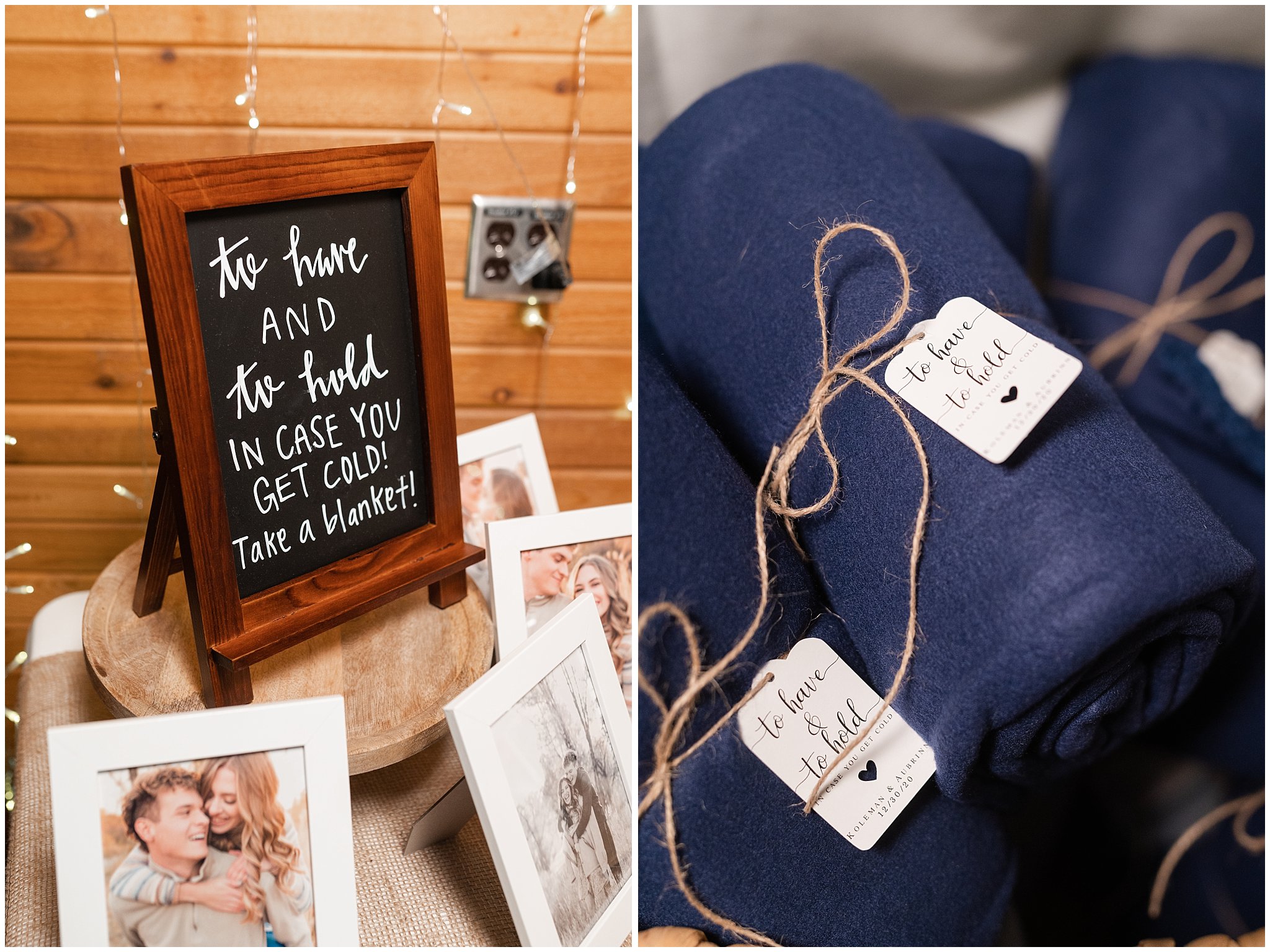 Reception blanket gifts for guests and chalk board sign | Oquirrh Mountain Temple and Draper Day Barn Winter Wedding | Jessie and Dallin Photography