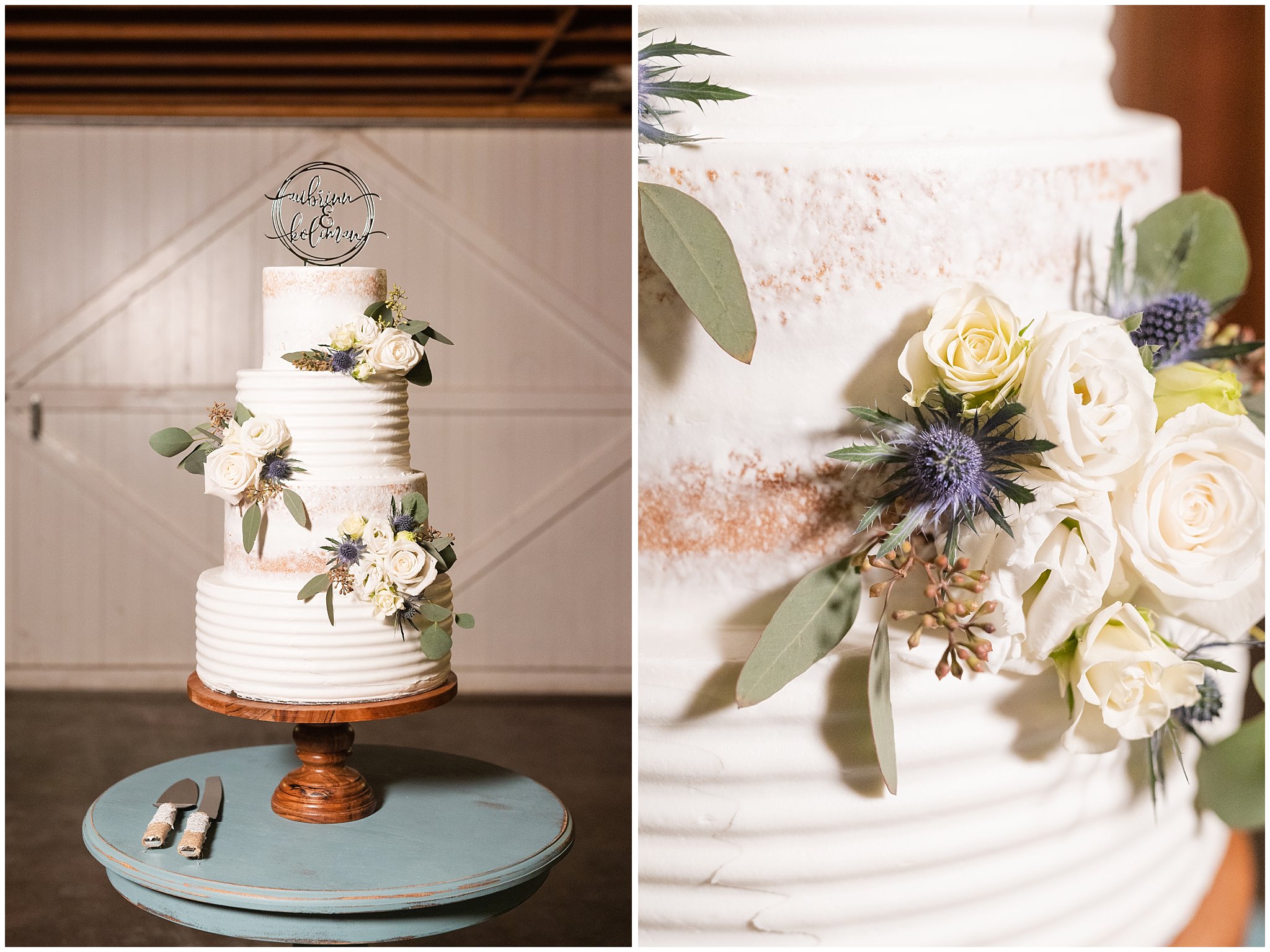 White wedding cake with gold and with florals | Oquirrh Mountain Temple and Draper Day Barn Winter Wedding | Jessie and Dallin Photography