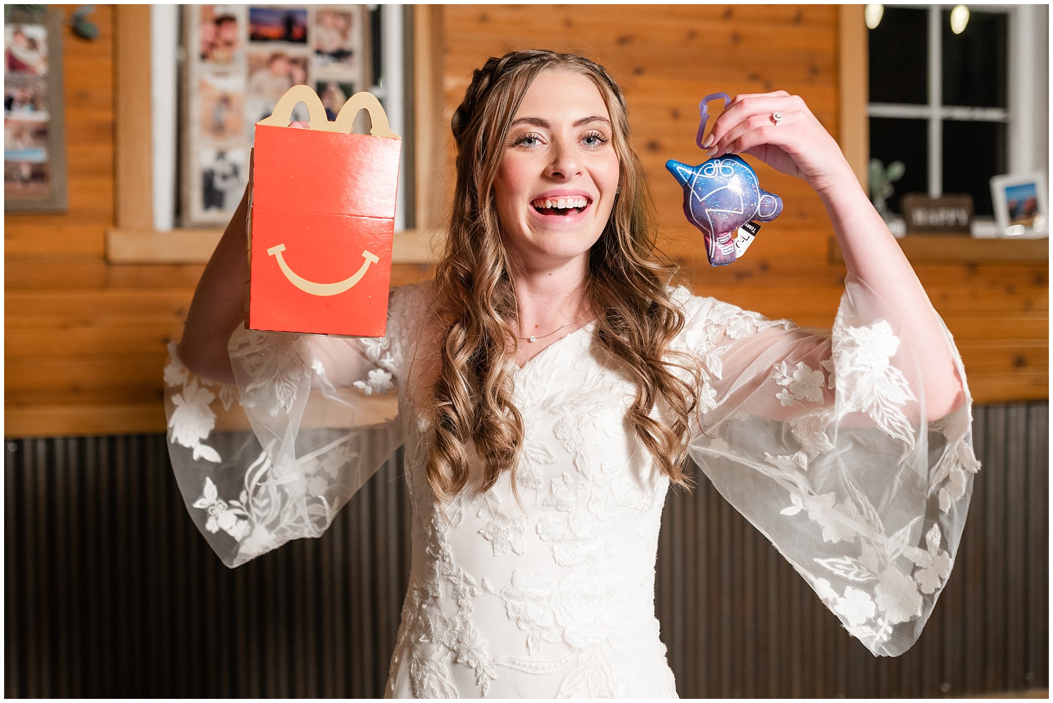 Bride with McDonald's Happy Meal for dinner | Oquirrh Mountain Temple and Draper Day Barn Winter Wedding | Jessie and Dallin Photography
