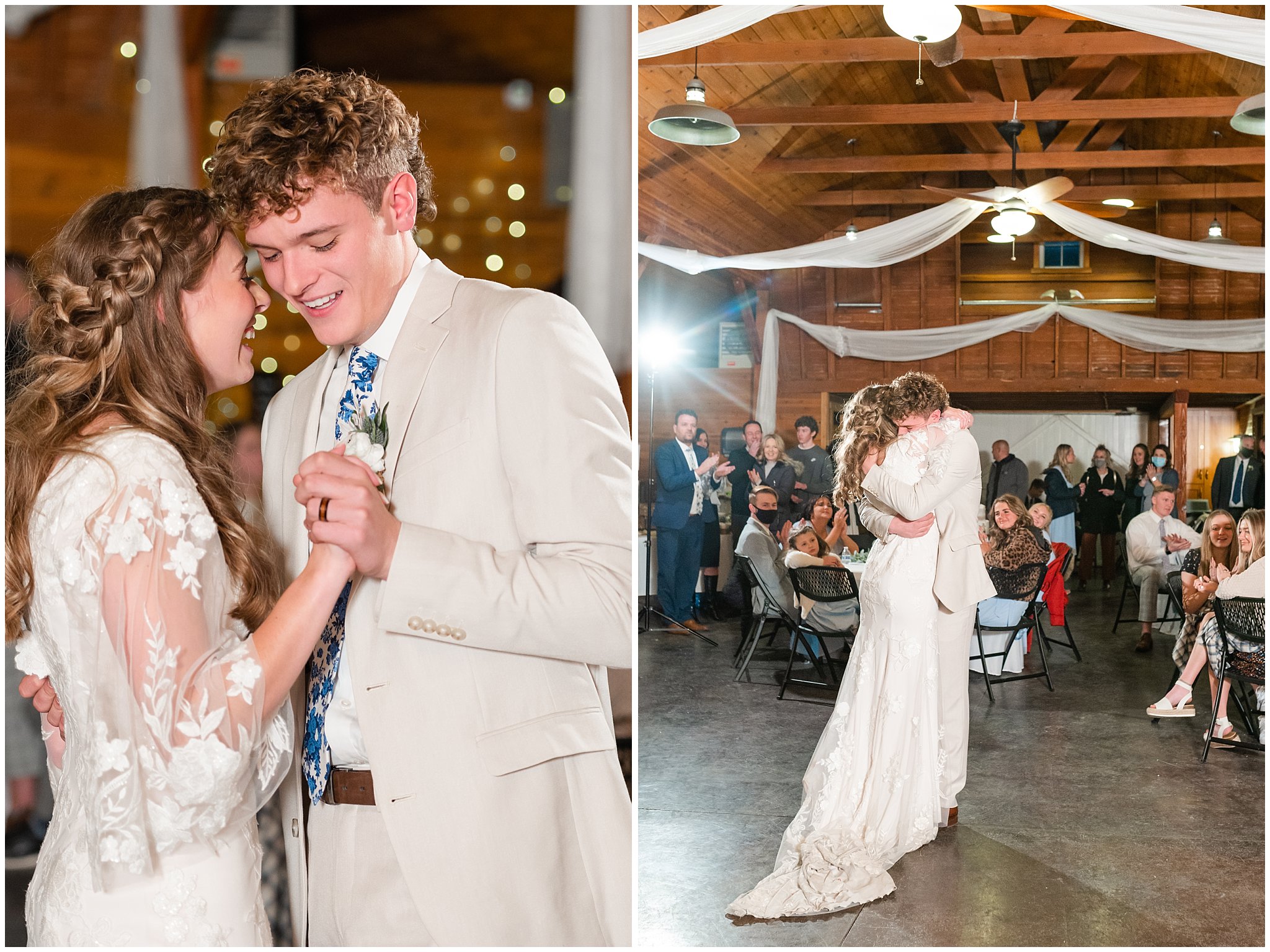 Bride and groom share first dance at their reception. Groom in cream colored suit with blue floral tie and bride in lace detailed wedding dress | Oquirrh Mountain Temple and Draper Day Barn Winter Wedding | Jessie and Dallin Photography