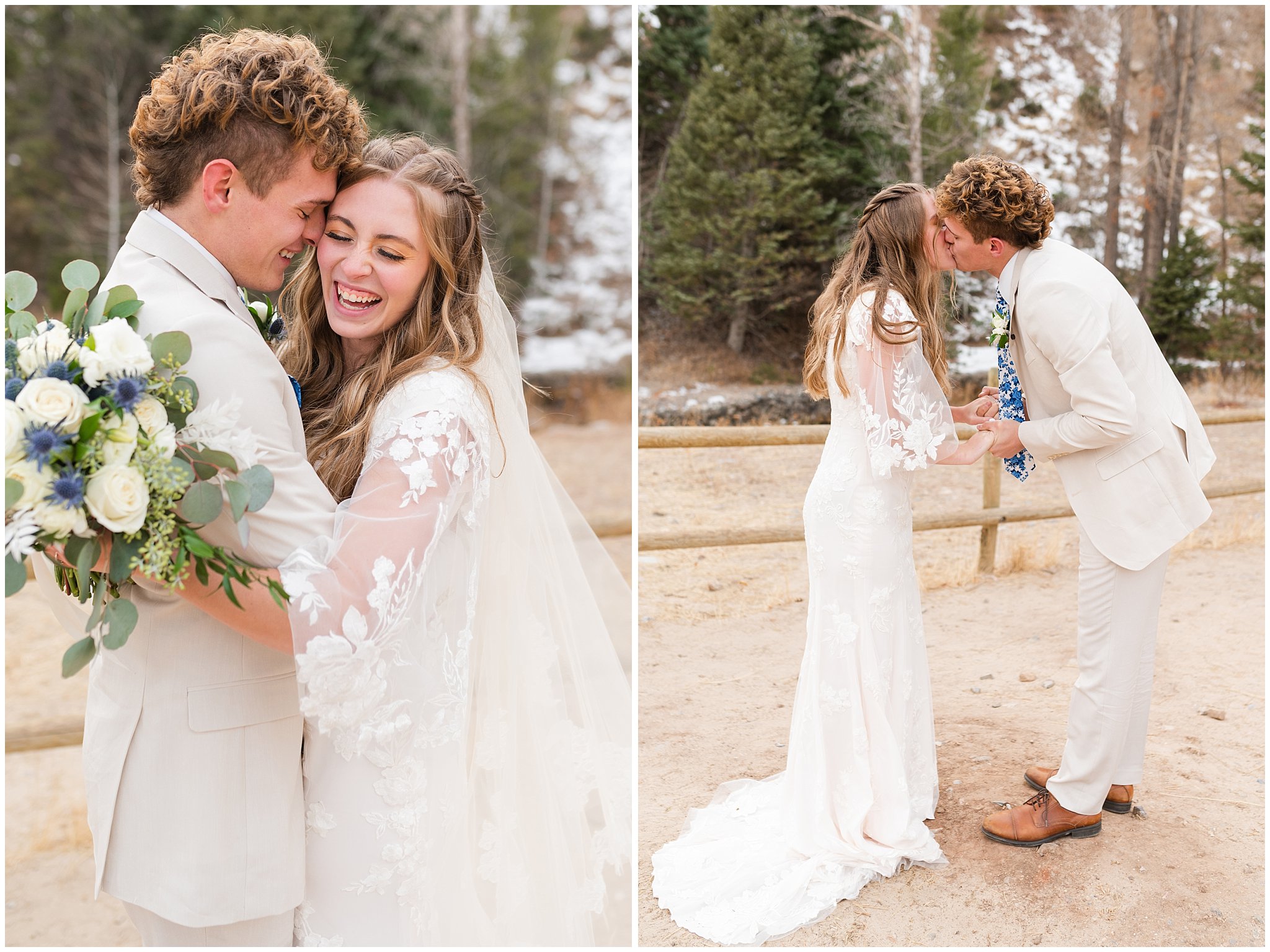 Bride and groom in the mountains during their first look wearing lace dress with veil and white floral bouquet and creme colored suit with blue tie | Tibble Fork Winter Formal Session | Jessie and Dallin Photography