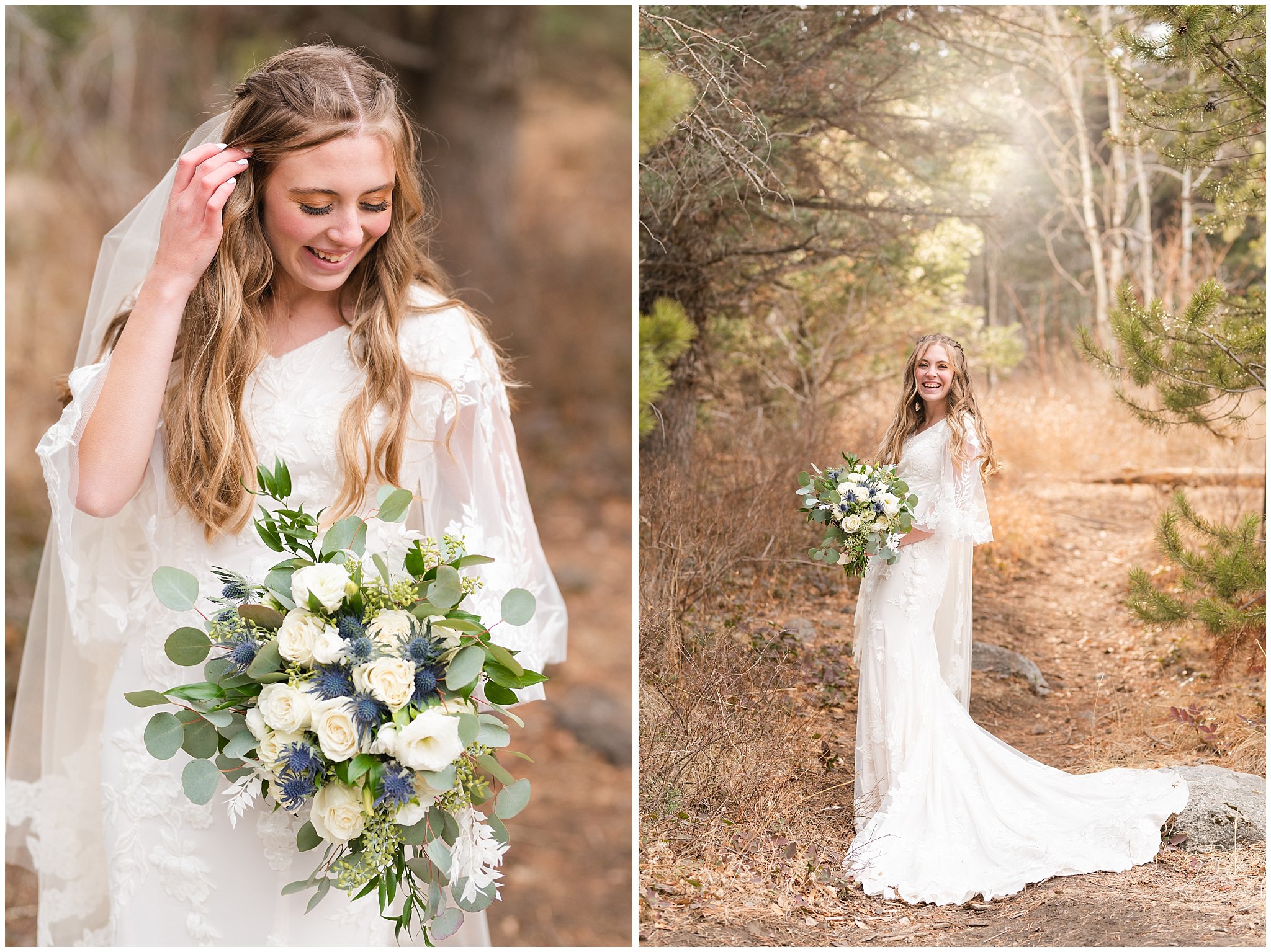 Bride in the mountains wearing lace dress with veil and white floral bouquet | Tibble Fork Winter Formal Session | Jessie and Dallin Photography