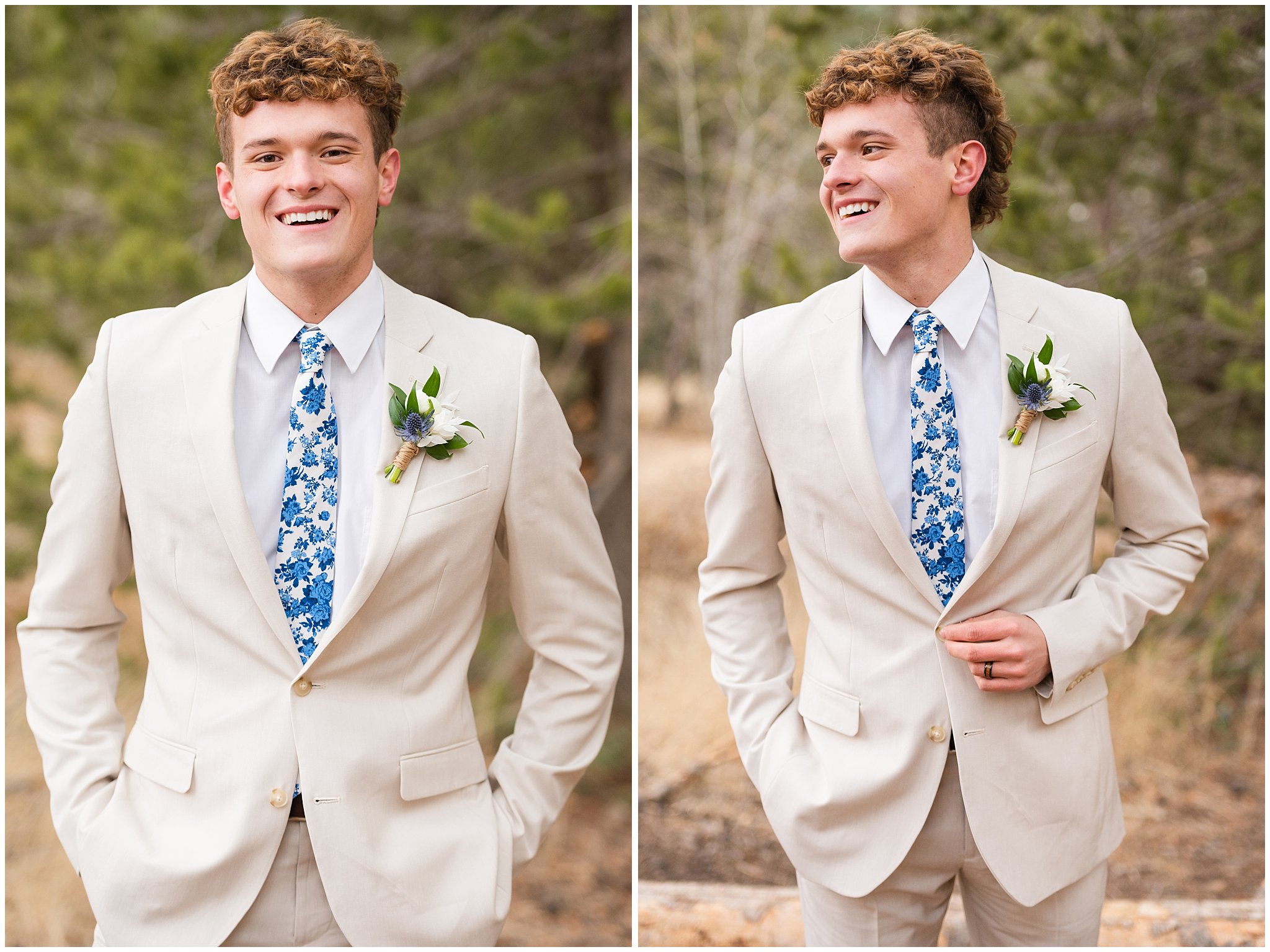 Groom in the mountains wearing creme colored suit with blue tie | Tibble Fork Winter Formal Session | Jessie and Dallin Photography