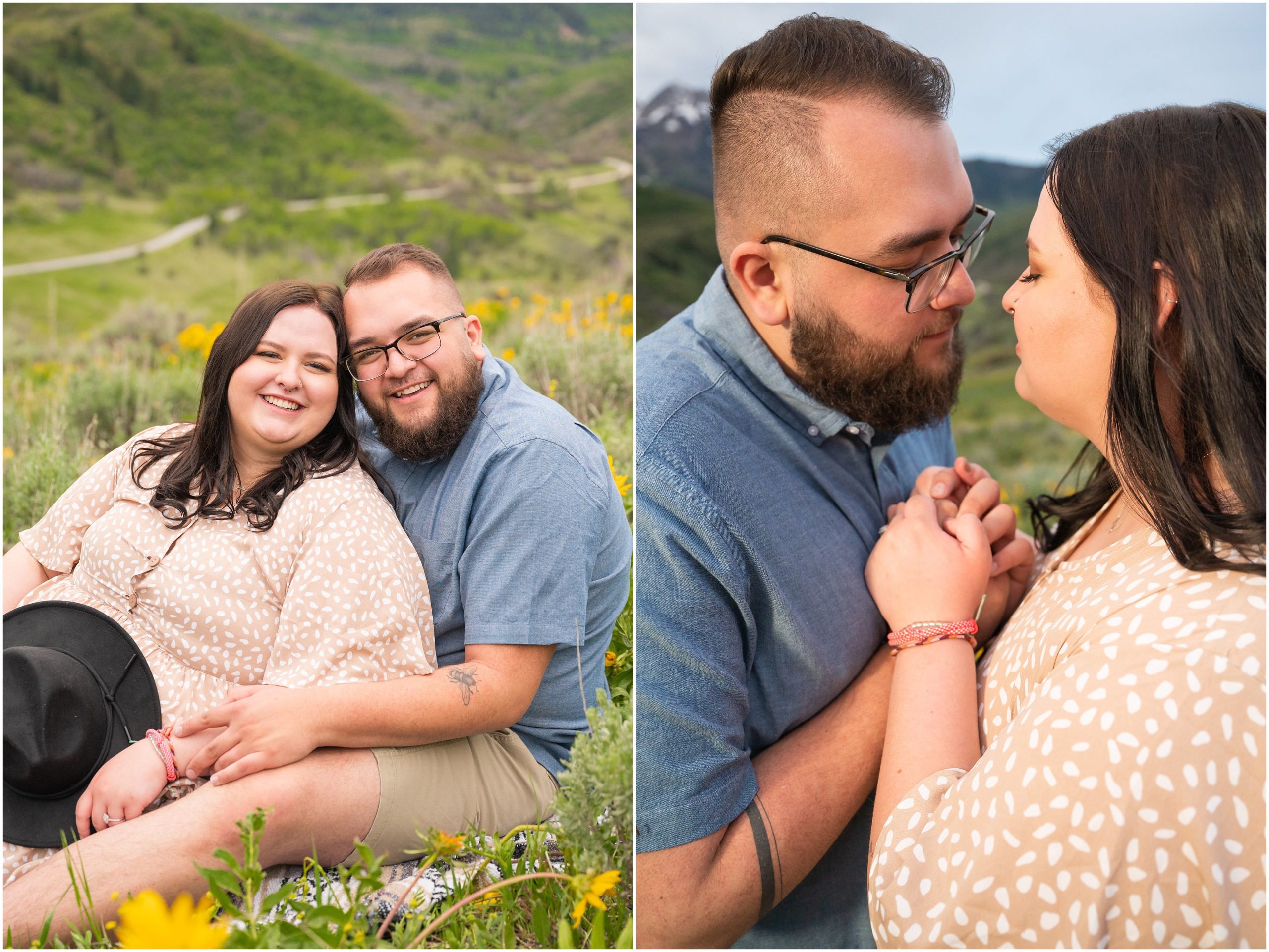 Couple during engagement session in yellow sunflower wildflowers surrounded by snowy mountain peaks | Ogden Valley Summer Engagement Session