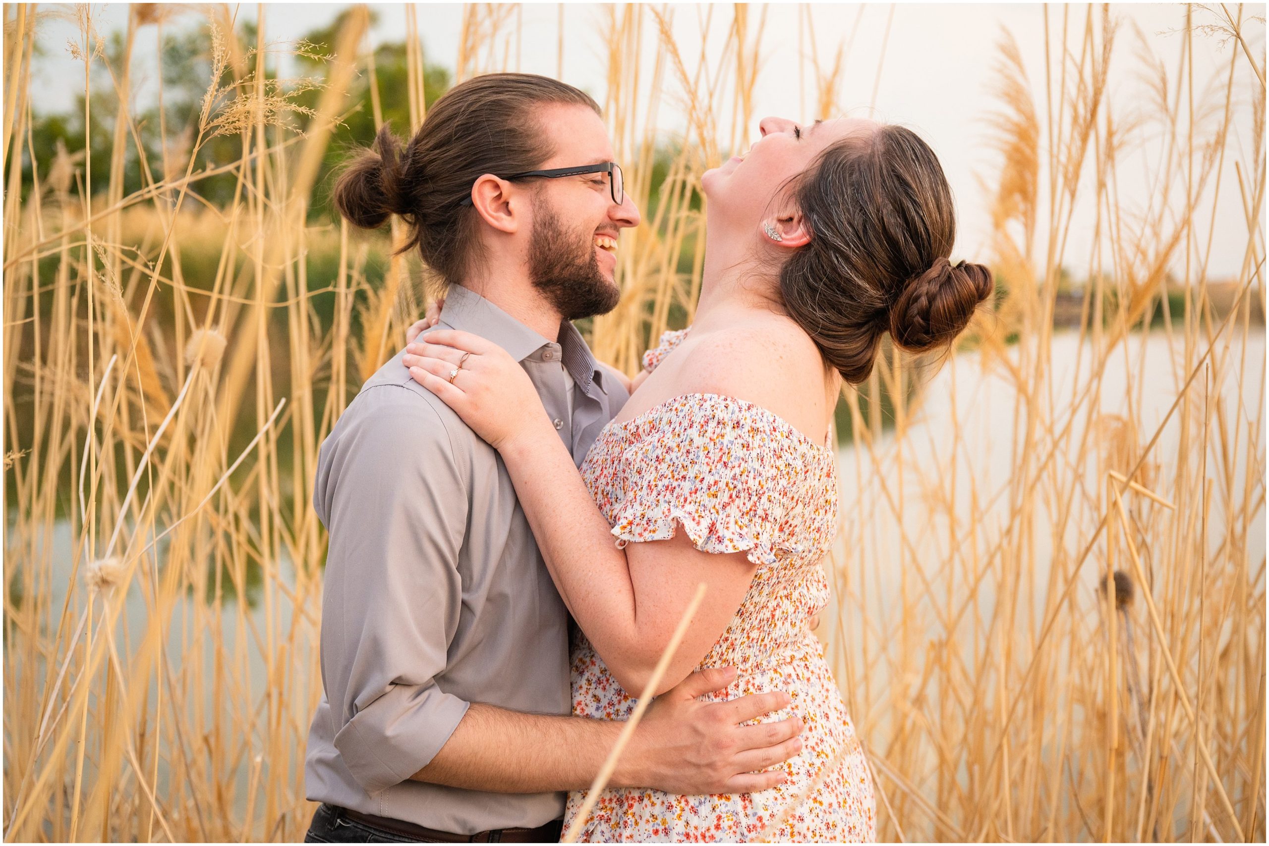 Couple in tall water grasses during Utah Botanical Garden Engagement | Jessie and Dallin Photography