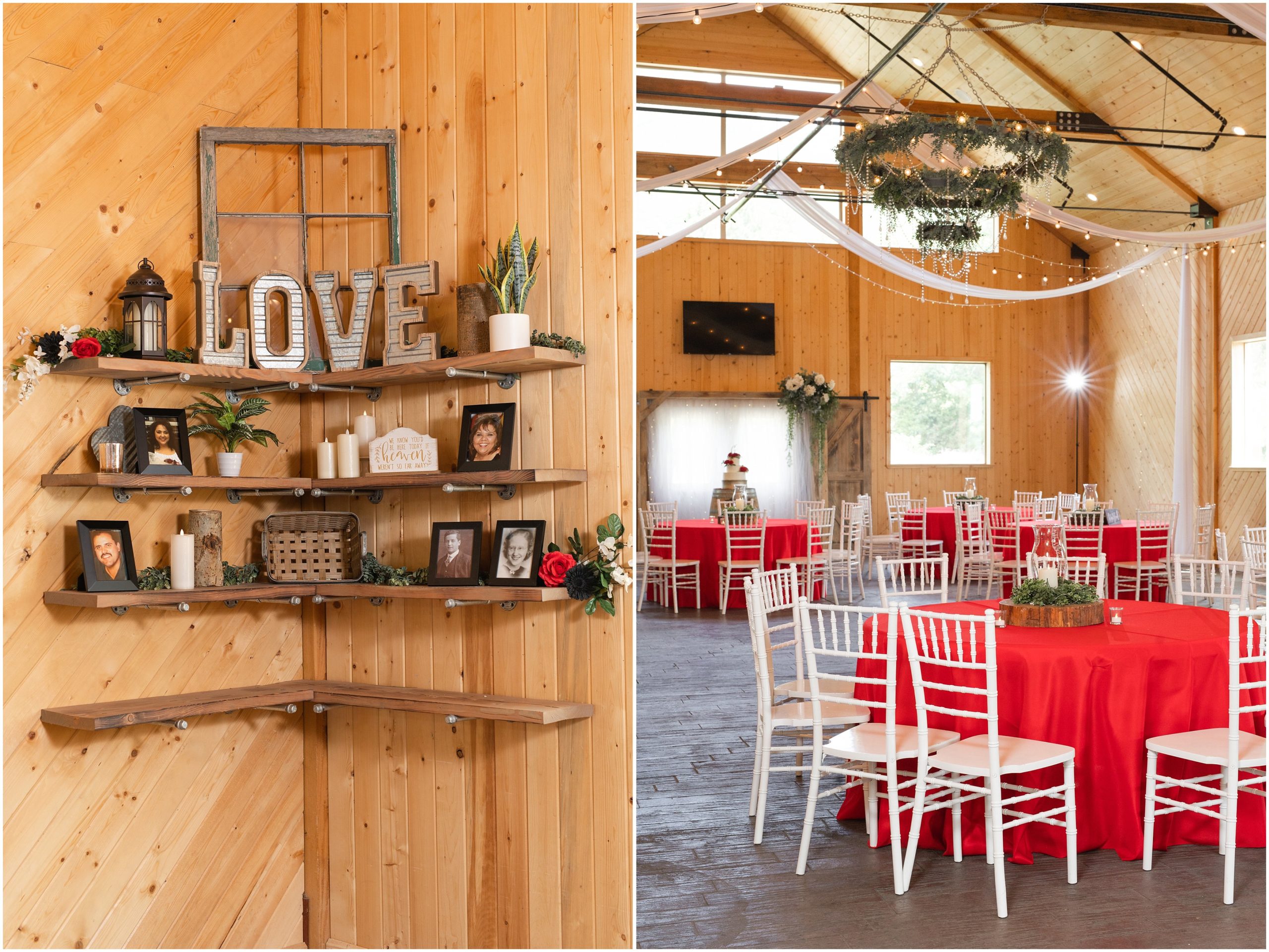 Cake and table setup inside barn | Red and Black Oak Hills Utah Spring Wedding | Jessie and Dallin Photography