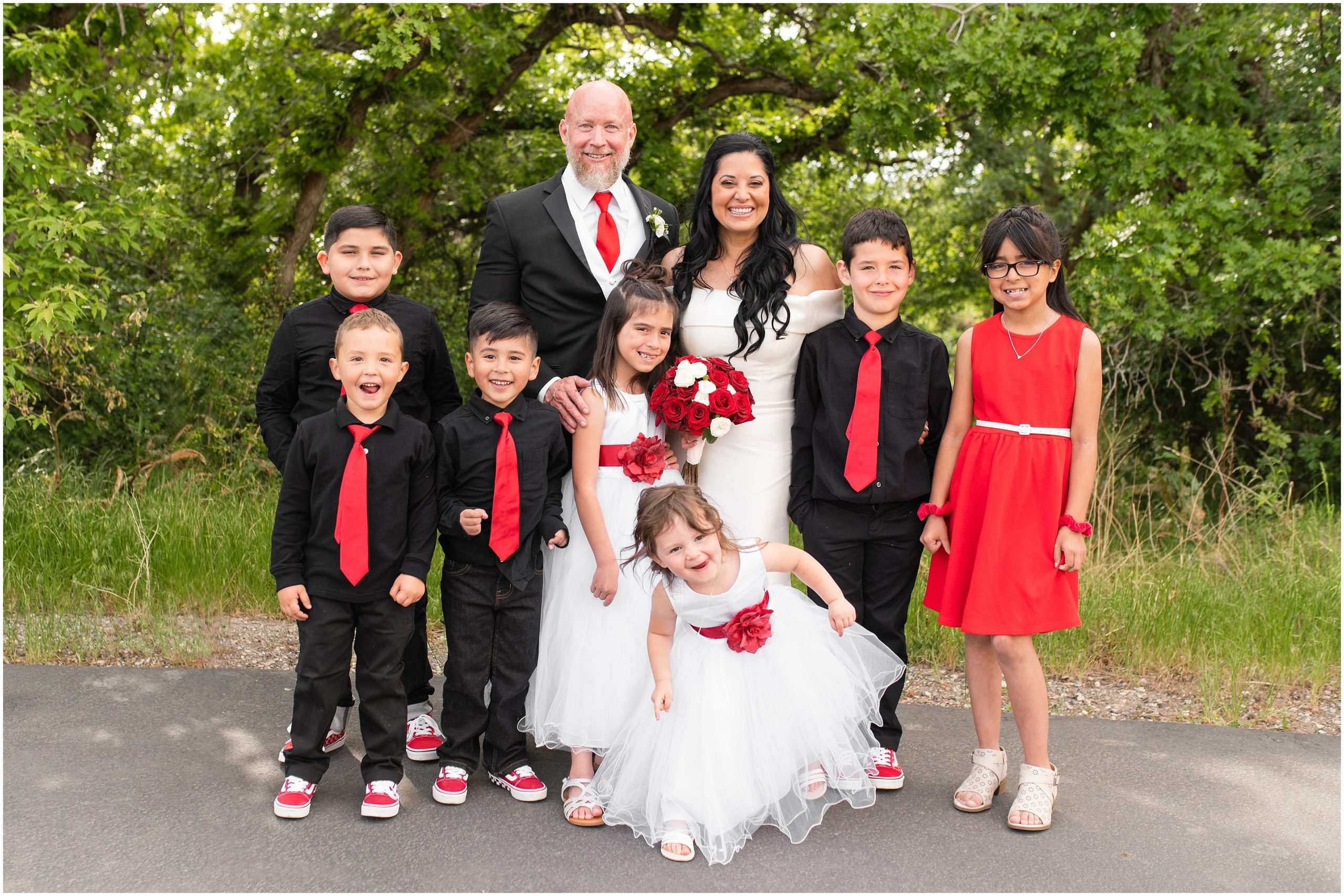 Red and black wedding family portraits candid | Red and Black Oak Hills Utah Spring Wedding | Jessie and Dallin Photography