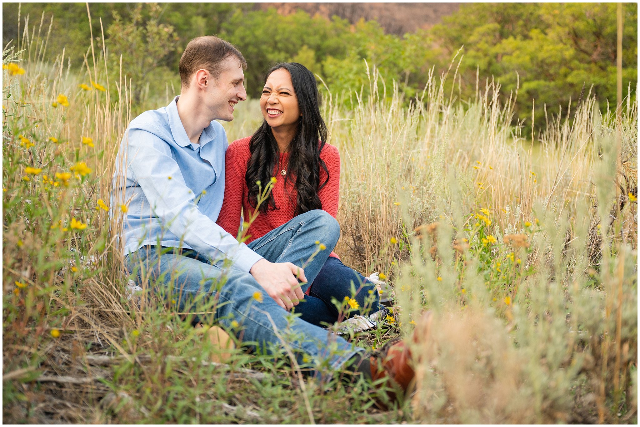 Couple laughing in the mountains | Summer Utah Mountain Engagement | Jessie and Dallin Photography