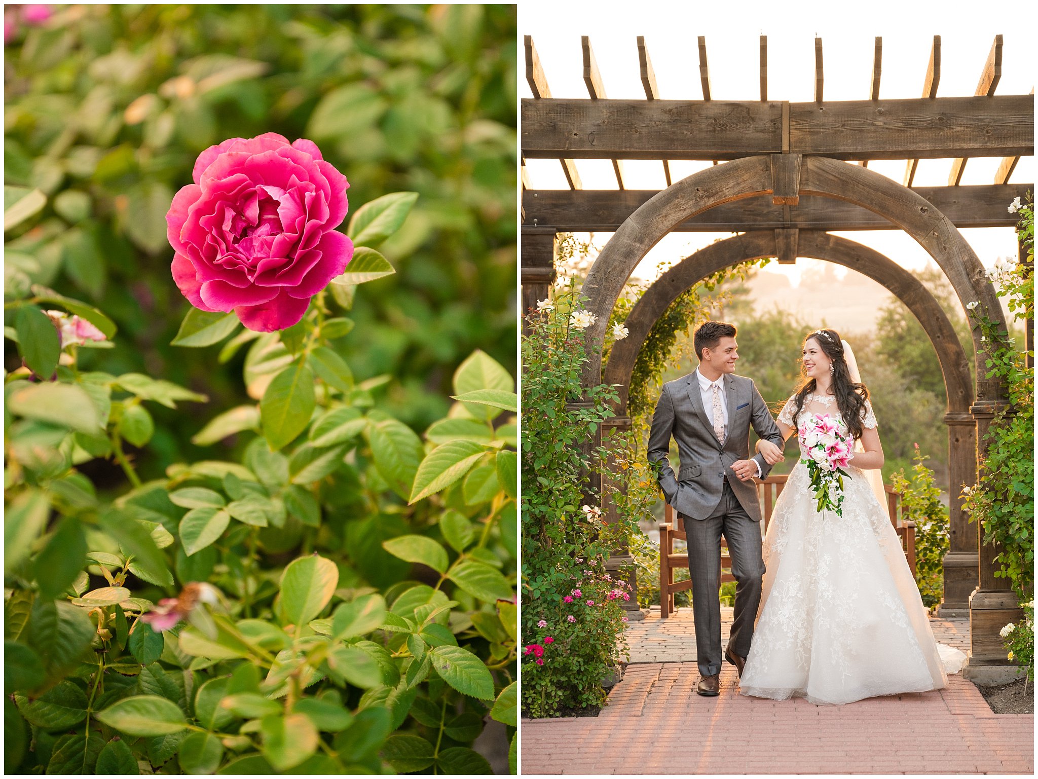 Bride and Groom laughing during wedding portraits during the summer surrounded by flowers and gardens | Thanksgiving Point Ashton Garden Formal Session | Jessie and Dallin Photography