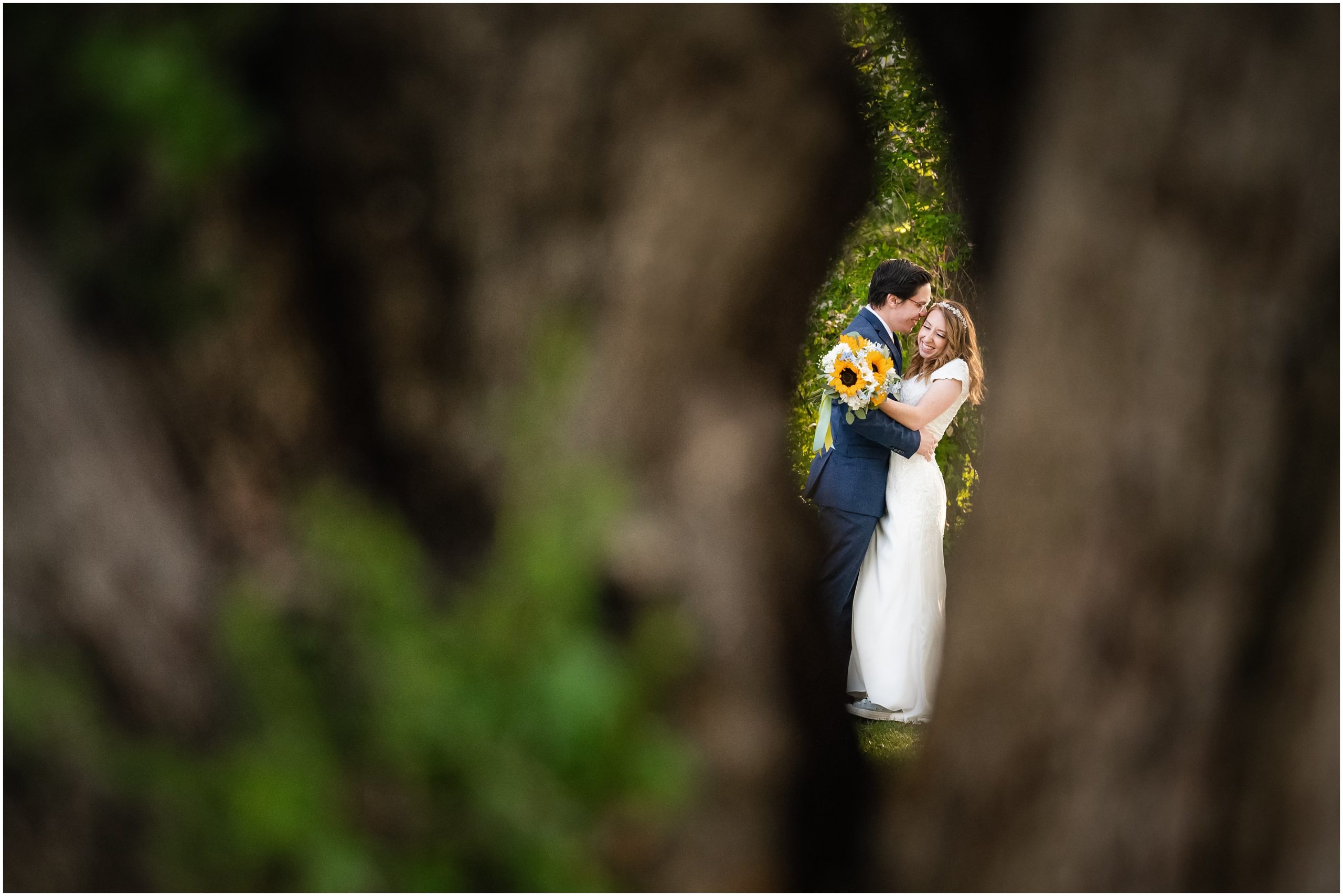 Bride and Groom wearing Converse shoes, navy suit with yellow tie, and sunflower bouquet in Salt Lake City | International Peace Gardens Formal Session | Jessie and Dallin Photography