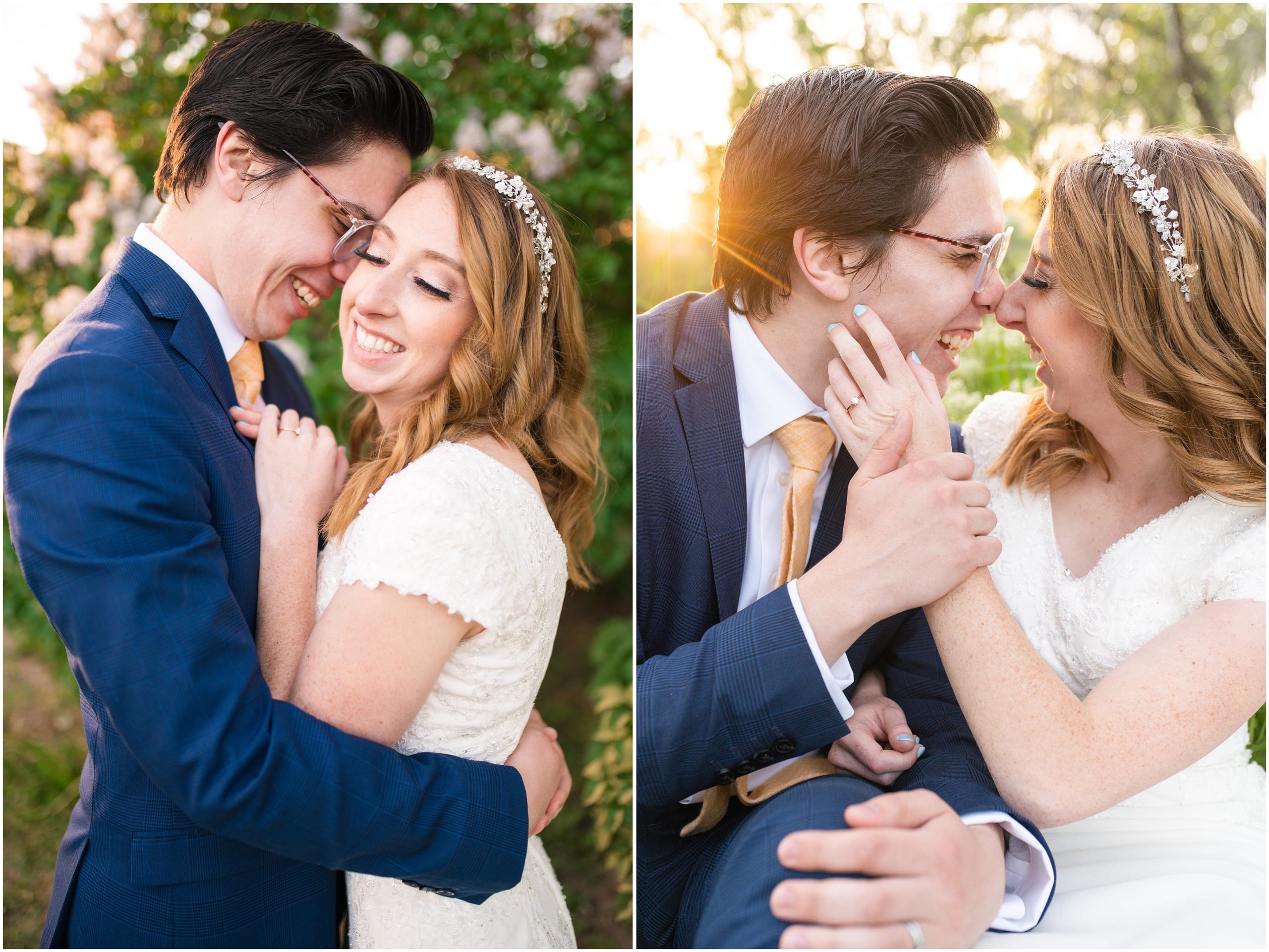 Bride and Groom wearing Converse shoes, navy suit with yellow tie, and sunflower bouquet in Salt Lake City | International Peace Gardens Formal Session | Jessie and Dallin Photography