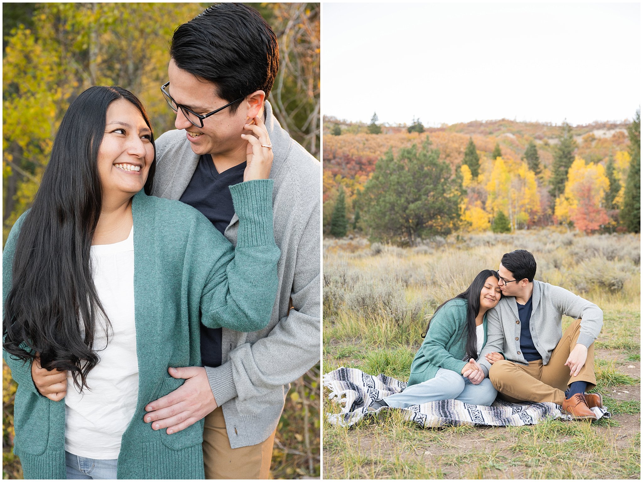 Couple dressed in casual sweaters in the Utah mountains in the fall | Tibble Fork Fall Engagement Session | Jessie and Dallin Photography