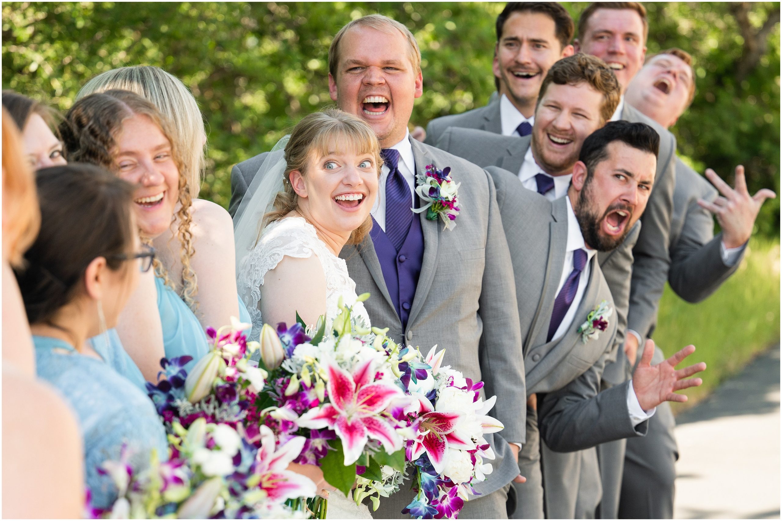 Bridesmaids in Malibu blue dresses with orchid bouquets and Groomsmen in grey suits and purple vests and ties | Orchid Inspired Summer Wedding at Oak Hills Utah | Jessie and Dallin Photography
