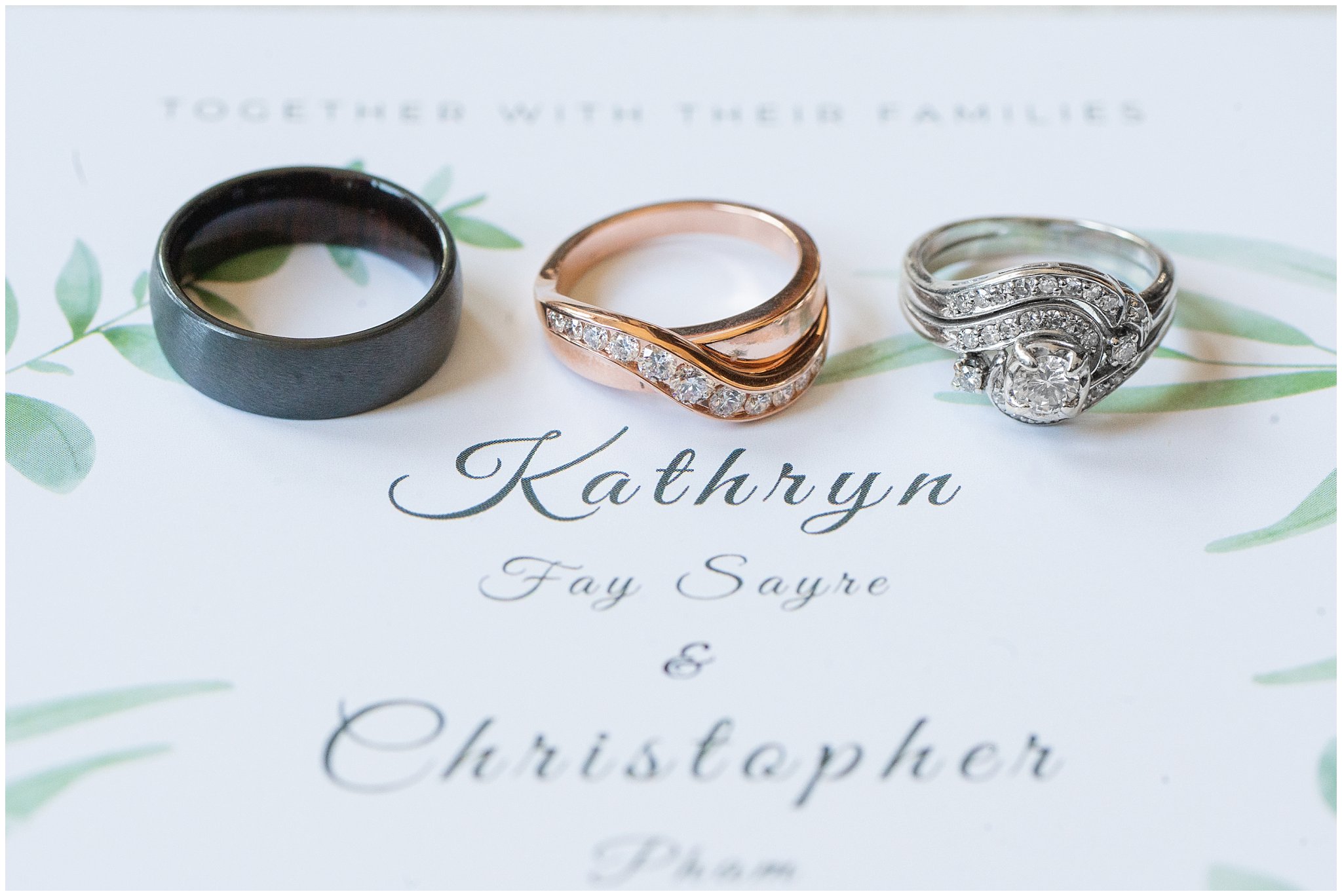 Wedding rings on invitation | Cactus and Tropicals and Salt Lake Church Wedding | Jessie and Dallin Photography